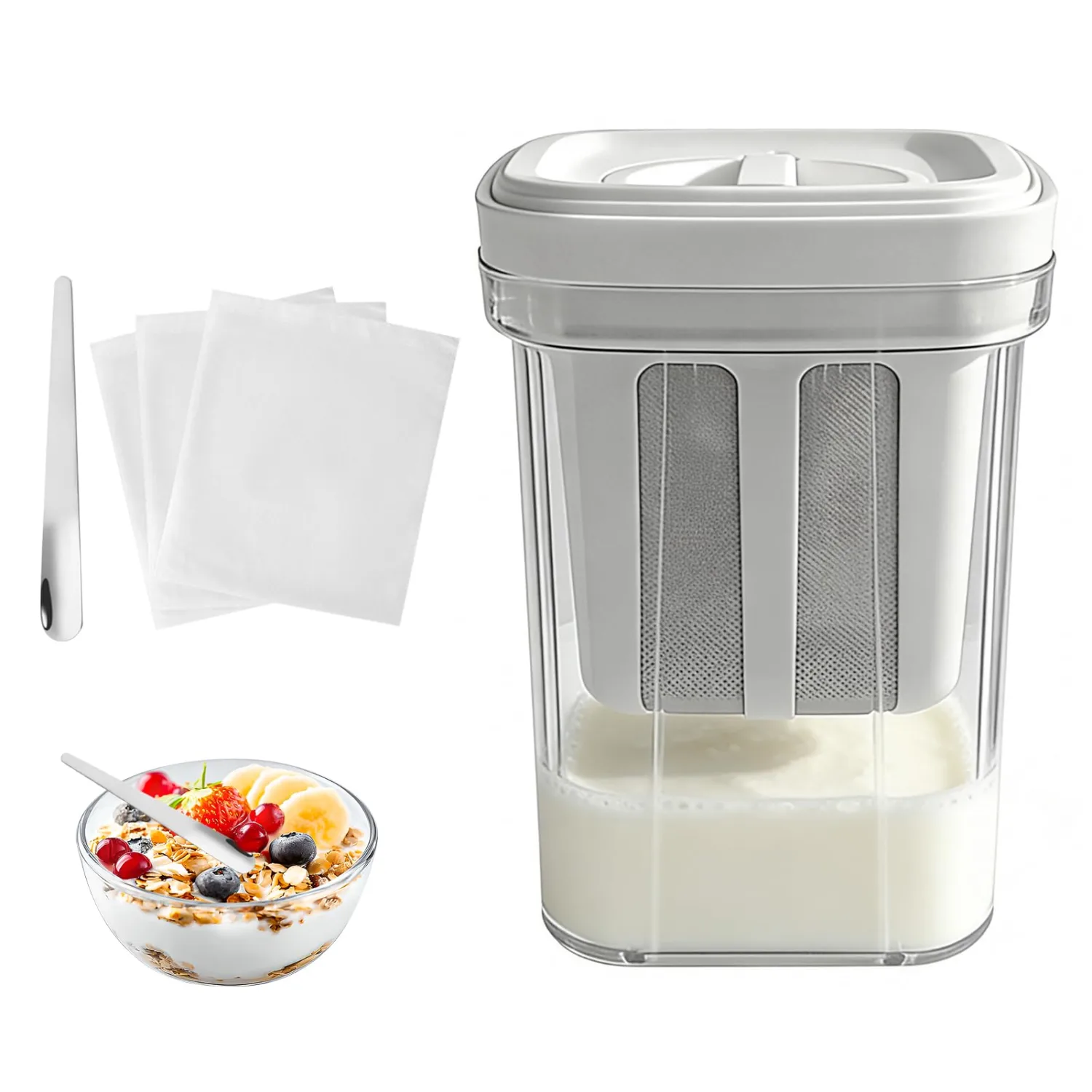 Yogurt Strainer,1100ML Capacity Multi Yoghurt Maker Strainer,with 3pcs Fine Mesh Bag,1pc Yogurt Spoon,for Making Thick Greek-Yogurts,Soybean Milk,Berries,Soup,Fruit Juice,Coffee,Easy to Use