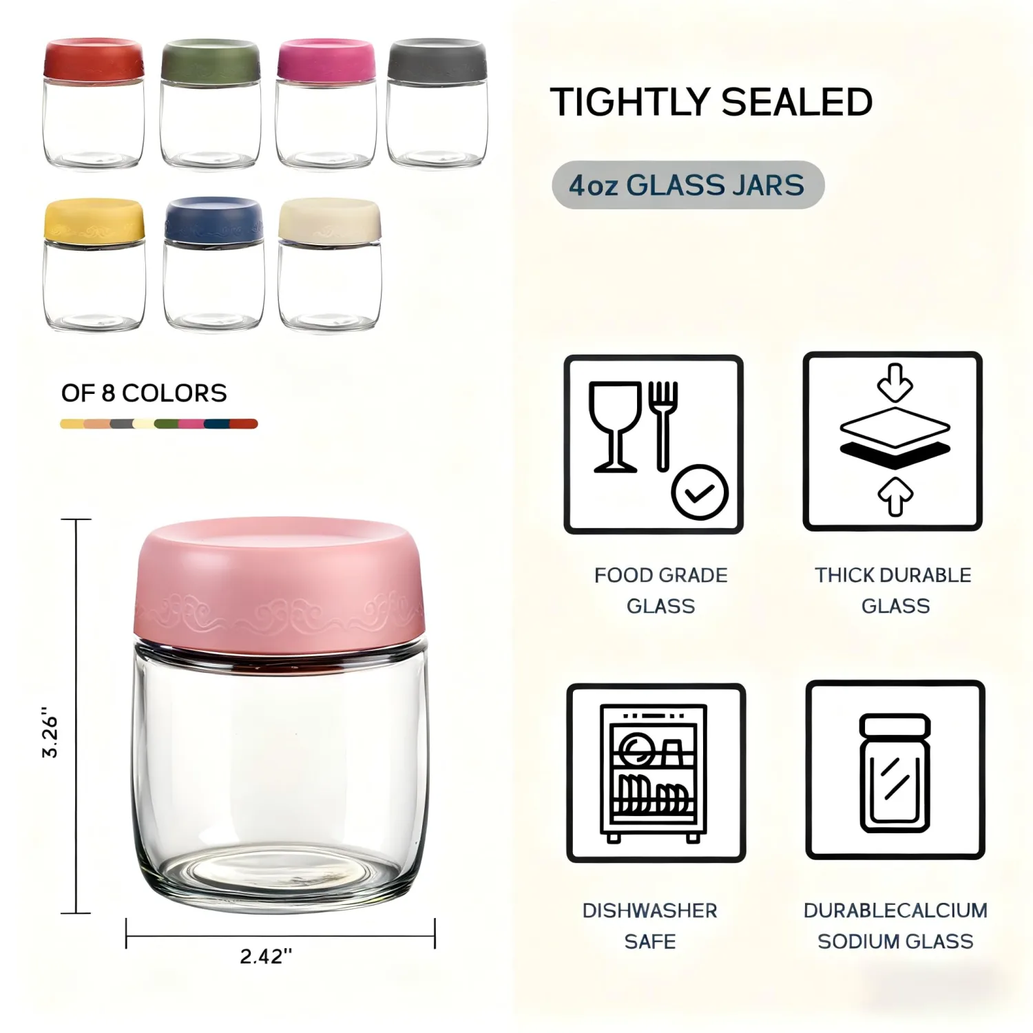 4oz 8Pack Glass Dressing Jars with Leakproof Lids, Containers for Sauce, Salad Dressing, Dips & Snacks – Reusable Glass Food Storage Cups for Lunch Box & Meal Prep(4oz-8Pack)