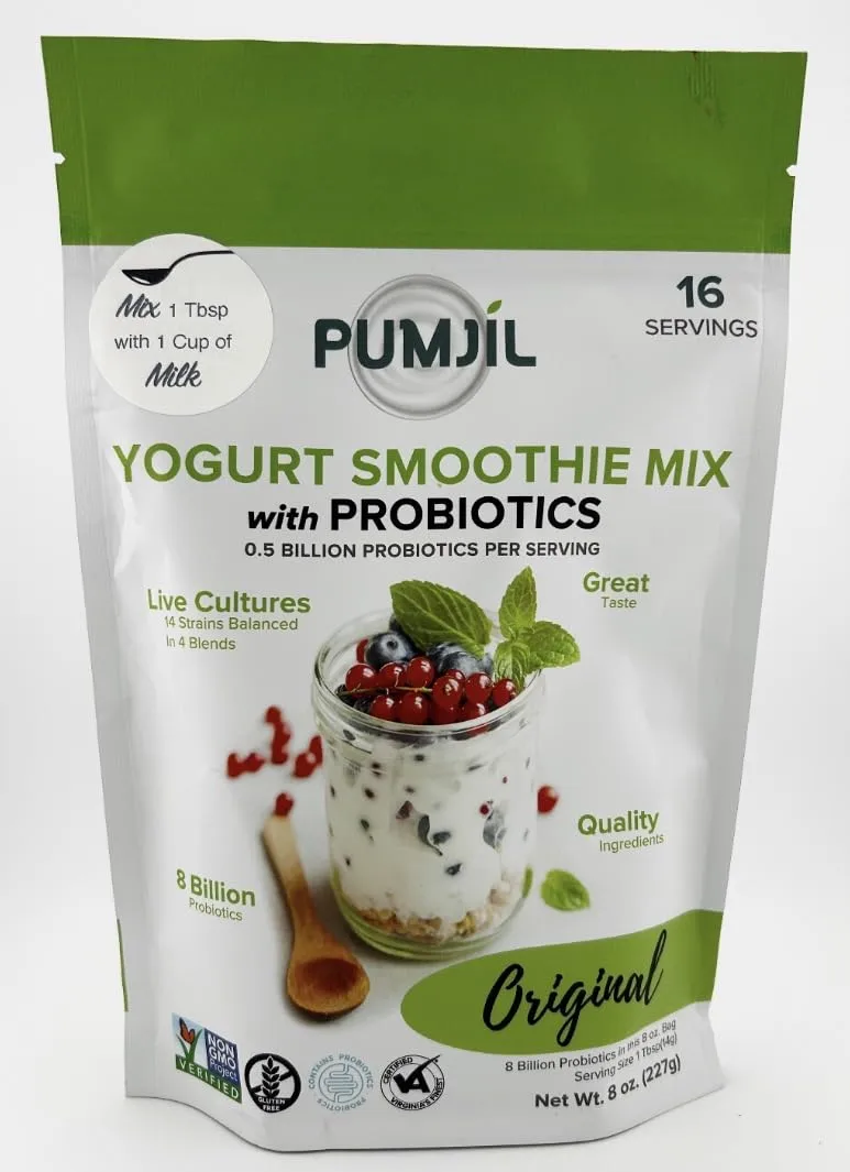 Pumjil Yogurt Smoothie Mix with 8 Billion Probiotic Live Cultures, 14 Strains Balanced in 4 Blends, Non-GMO, Gluten-Free Resealable 8oz Bag(16 Servings), 3 grams of added sugar (Plain)