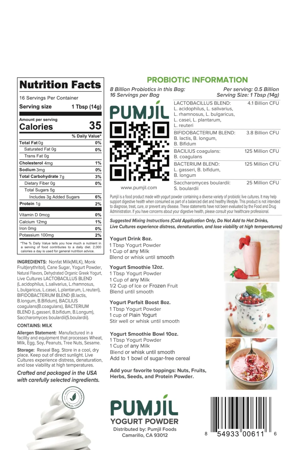 Pumjil Yogurt Smoothie Mix with 8 Billion Probiotic Live Cultures, 14 Strains Balanced in 4 Blends, Non-GMO, Gluten-Free Resealable 8oz Bag(16 Servings), 3 grams of added sugar (Plain)