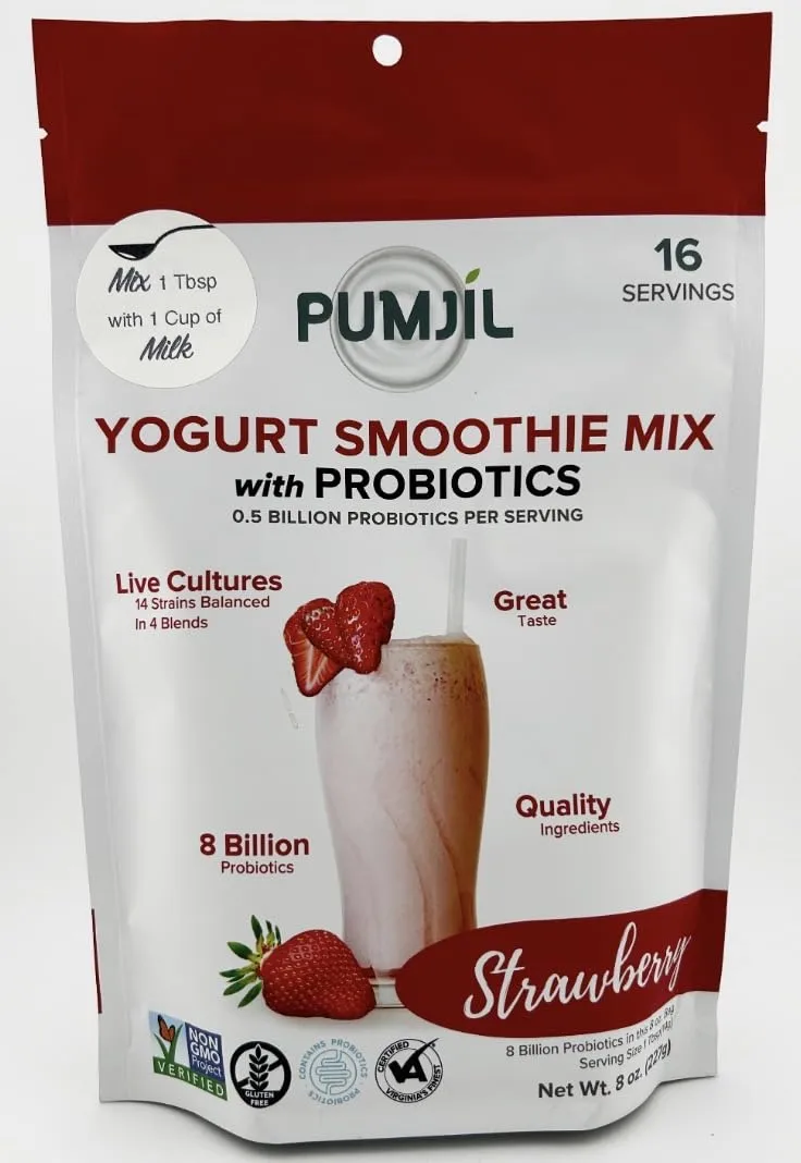 Pumjil Yogurt Smoothie Mix with 8 Billion Probiotic Live Cultures, 14 Strains Balanced in 4 Blends, Non-GMO, Gluten-Free Resealable 8oz Bag(16 Servings), 3 grams of added sugar (Strawberry)