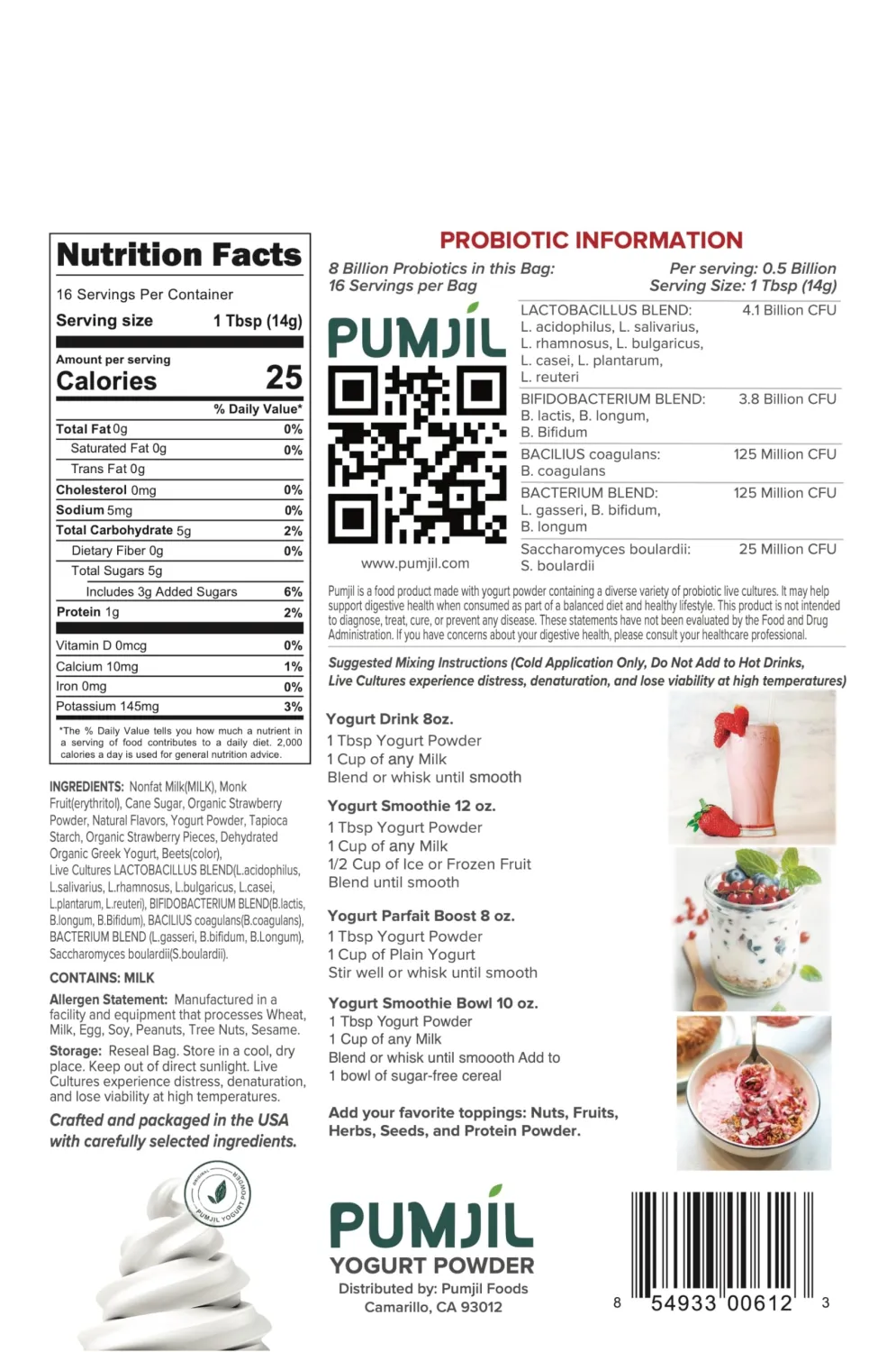 Pumjil Yogurt Smoothie Mix with 8 Billion Probiotic Live Cultures, 14 Strains Balanced in 4 Blends, Non-GMO, Gluten-Free Resealable 8oz Bag(16 Servings), 3 grams of added sugar (Strawberry)