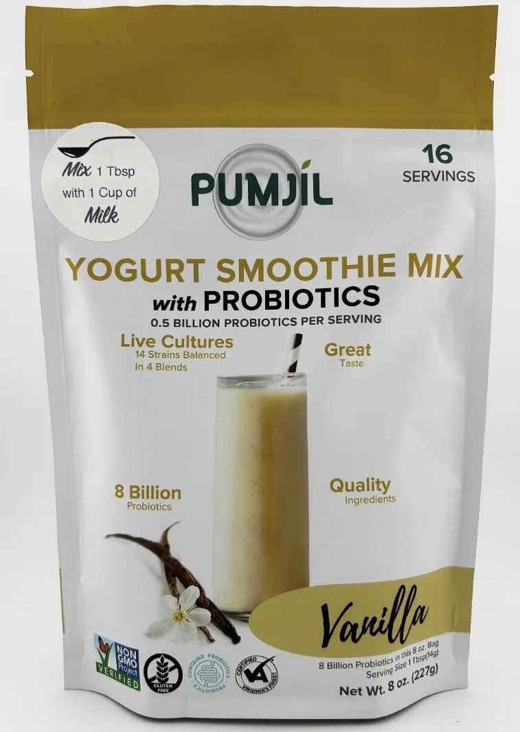 Pumjil Yogurt Smoothie Mix with 8 Billion Probiotic Live Cultures, 14 Strains Balanced in 4 Blends, Non-GMO, Gluten-Free Resealable 8oz Bag(16 Servings), 3 grams of added sugar (Vanilla)