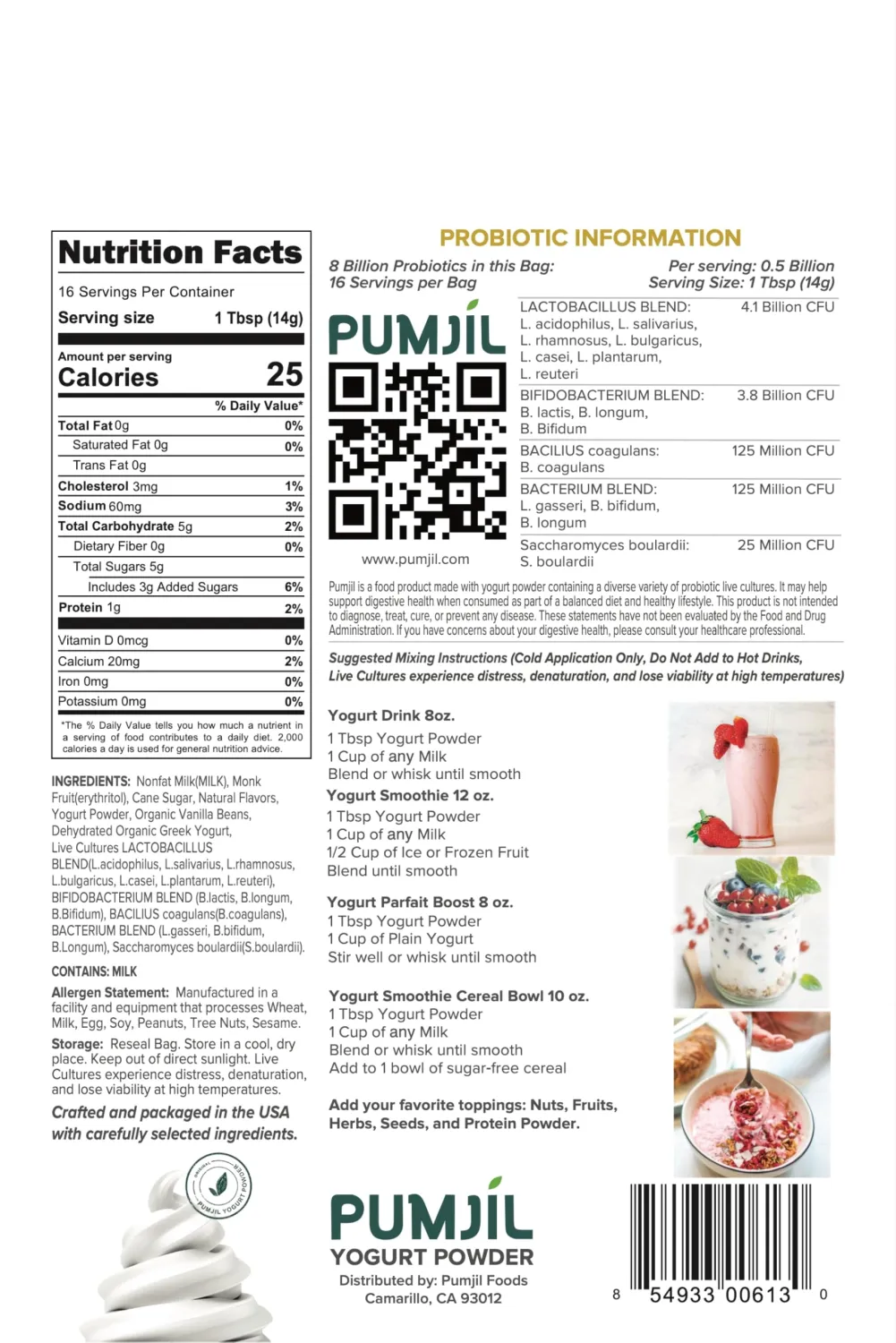 Pumjil Yogurt Smoothie Mix with 8 Billion Probiotic Live Cultures, 14 Strains Balanced in 4 Blends, Non-GMO, Gluten-Free Resealable 8oz Bag(16 Servings), 3 grams of added sugar (Vanilla)