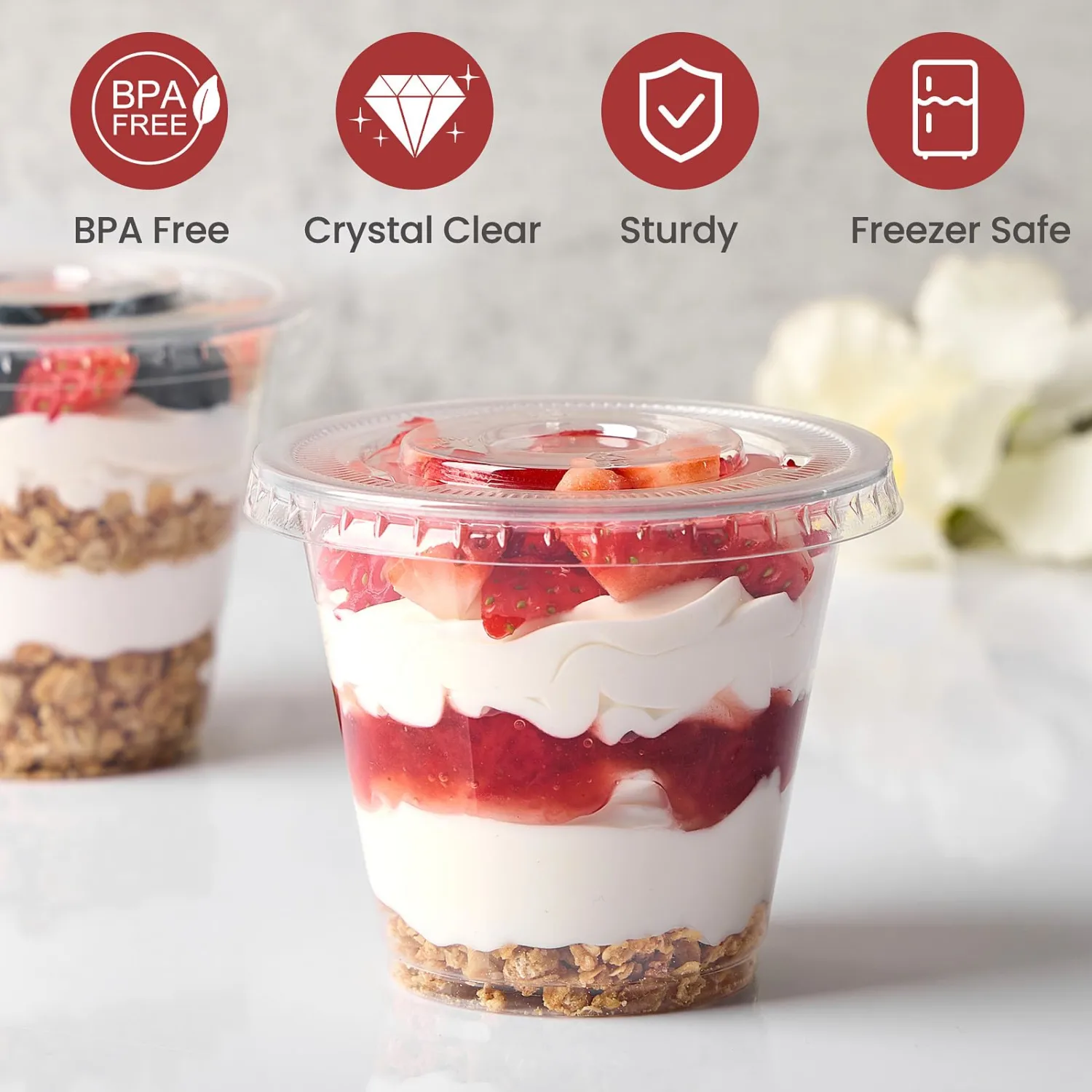 [50 Sets, 9 oz Clear Plastic Fruit Cups with Lid No Hole, Disposable Plastic Cups with Lids for Yogurt, Parfait, Pudding, Dessert, Cake, Ice Cream, Snack Cup Party Supplies