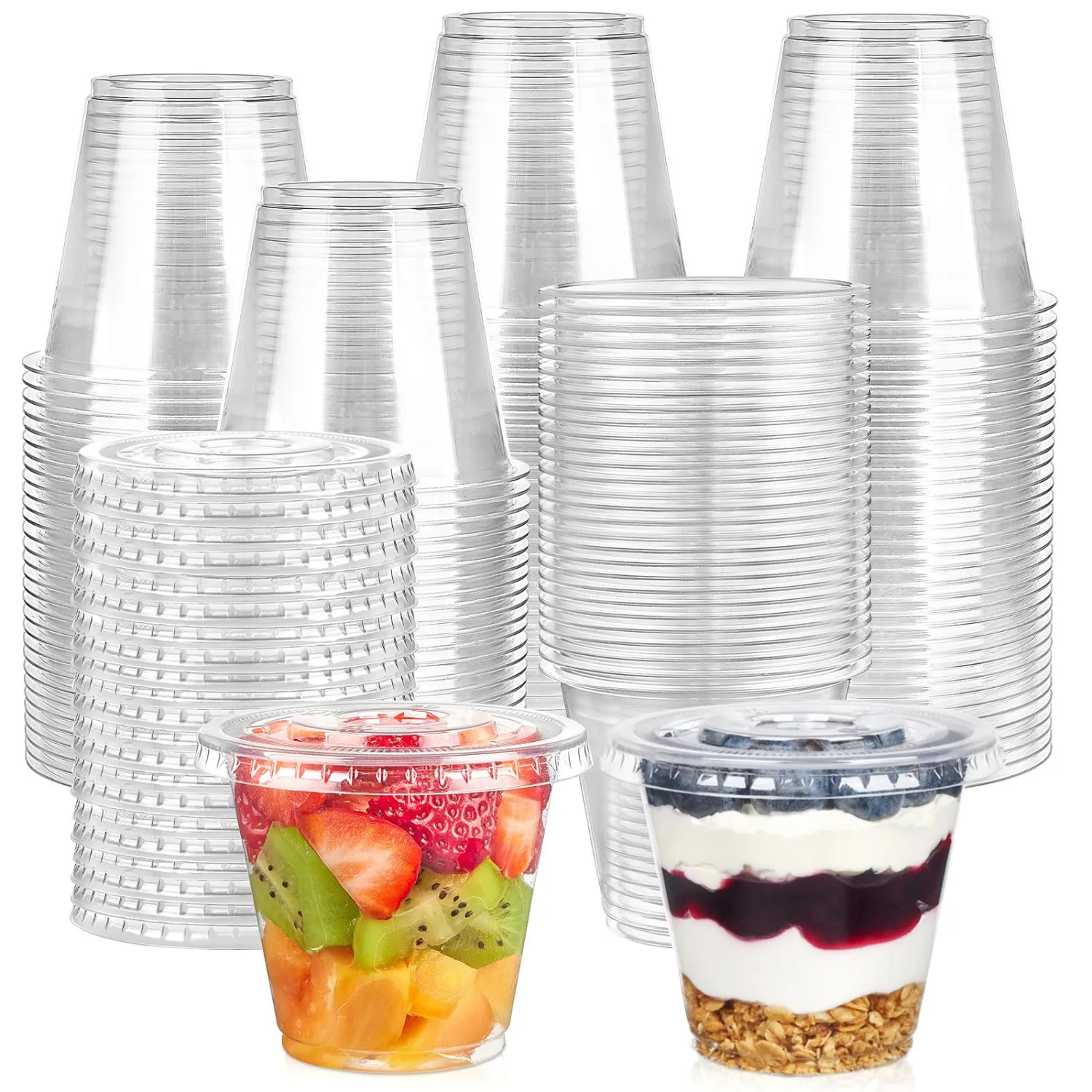 [100 Sets, 9 oz Clear Plastic Fruit Cups with Lid No Hole, Disposable Plastic Cups with Lids for Yogurt, Parfait, Pudding, Dessert, Cake, Ice Cream, Snack Cup Party Supplies