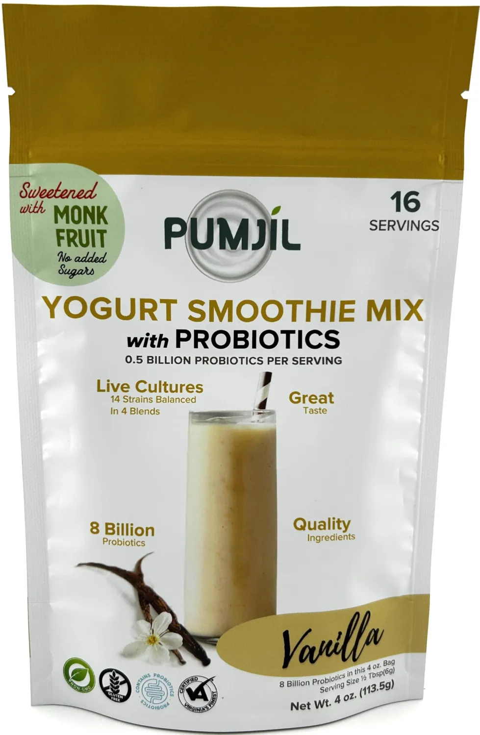 Pumjil Original Yogurt Smoothie Mix, Sugar-Free Sweetened with Monk Fruit, 8 Billion Probiotic Live Cultures, 14 Strains in 4 Blends, Non-GMO, Gluten-Free, Resealable 4oz Bag, 16 Servings (Vanilla)