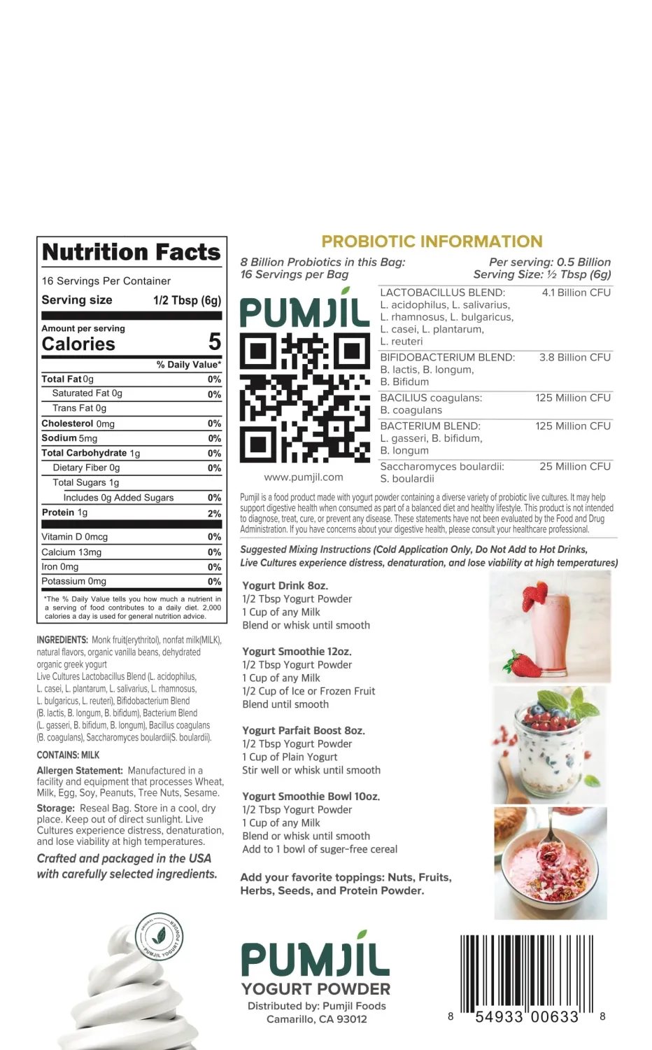 Pumjil Original Yogurt Smoothie Mix, Sugar-Free Sweetened with Monk Fruit, 8 Billion Probiotic Live Cultures, 14 Strains in 4 Blends, Non-GMO, Gluten-Free, Resealable 4oz Bag, 16 Servings (Vanilla)