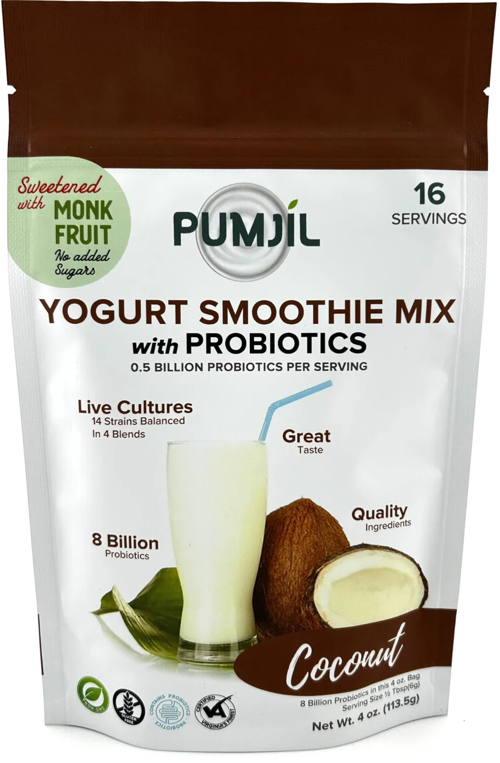 Pumjil Original Yogurt Smoothie Mix, Sugar-Free Sweetened with Monk Fruit, 8 Billion Probiotic Live Cultures, 14 Strains in 4 Blends, Non-GMO, Gluten-Free, Resealable 4oz Bag, 16 Servings (Coconut)