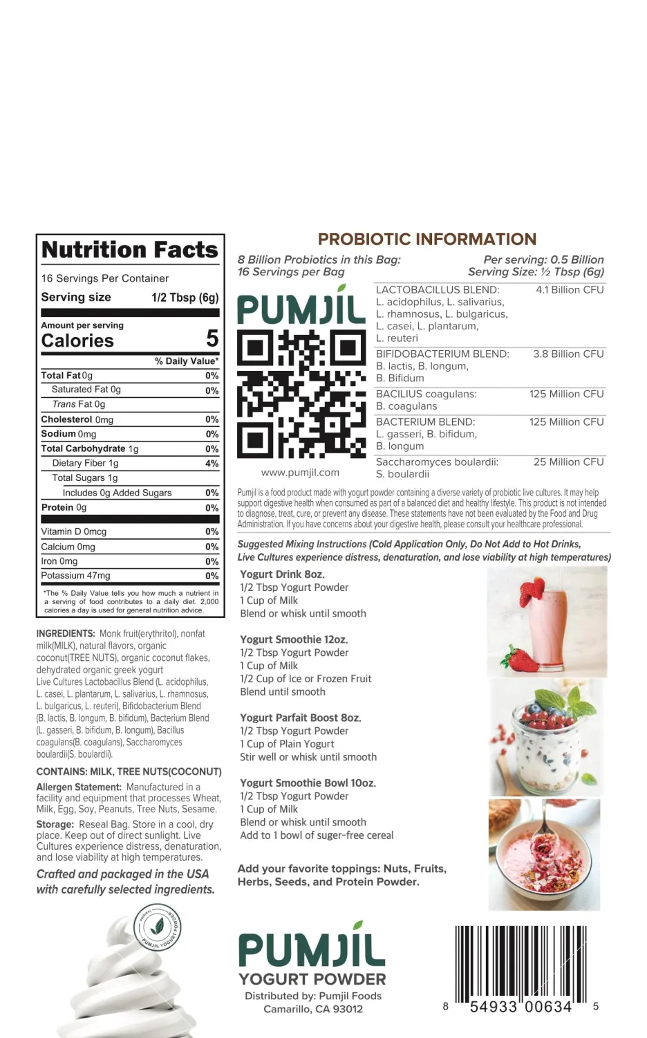 Pumjil Original Yogurt Smoothie Mix, Sugar-Free Sweetened with Monk Fruit, 8 Billion Probiotic Live Cultures, 14 Strains in 4 Blends, Non-GMO, Gluten-Free, Resealable 4oz Bag, 16 Servings (Coconut)