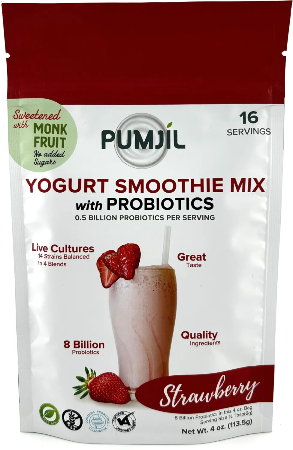 Pumjil Original Yogurt Smoothie Mix, Sugar-Free Sweetened with Monk Fruit, 8 Billion Probiotic Live Cultures, 14 Strains in 4 Blends, Non-GMO, Gluten-Free, Resealable 4oz Bag, 16 Servings (Strawberry)
