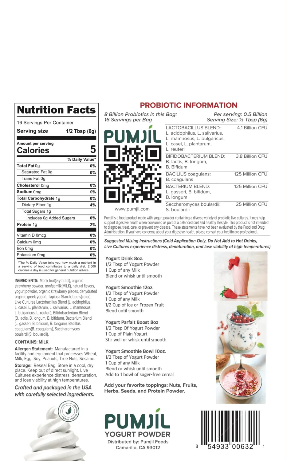 Pumjil Original Yogurt Smoothie Mix, Sugar-Free Sweetened with Monk Fruit, 8 Billion Probiotic Live Cultures, 14 Strains in 4 Blends, Non-GMO, Gluten-Free, Resealable 4oz Bag, 16 Servings (Strawberry)