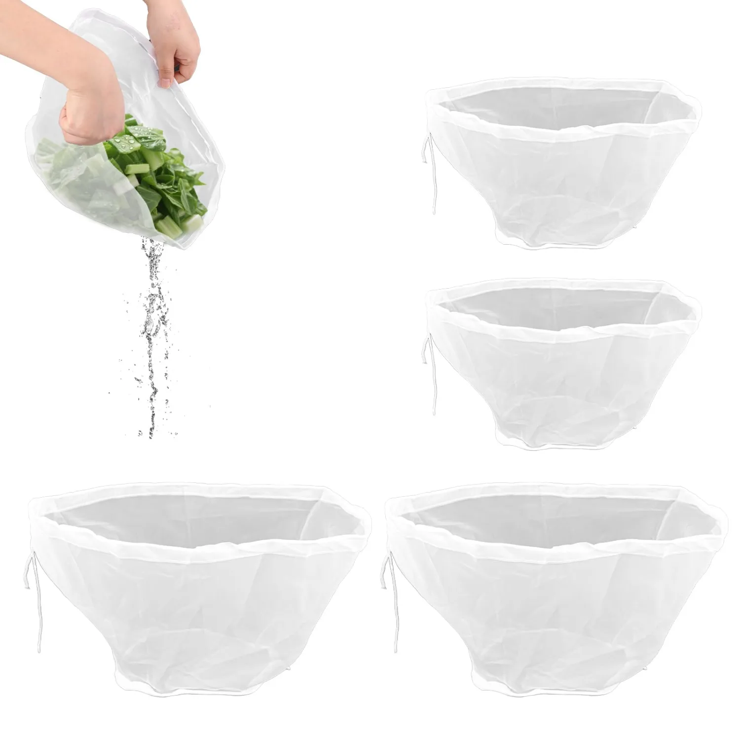 4pcs Bowl-Shaped Nylon Nut Milk Bags, Medium and Large Cheese Cloth Bags Reusable Fine Mesh Strainer for Almond Milk Greek Yogurt Juicing Coffee (White)