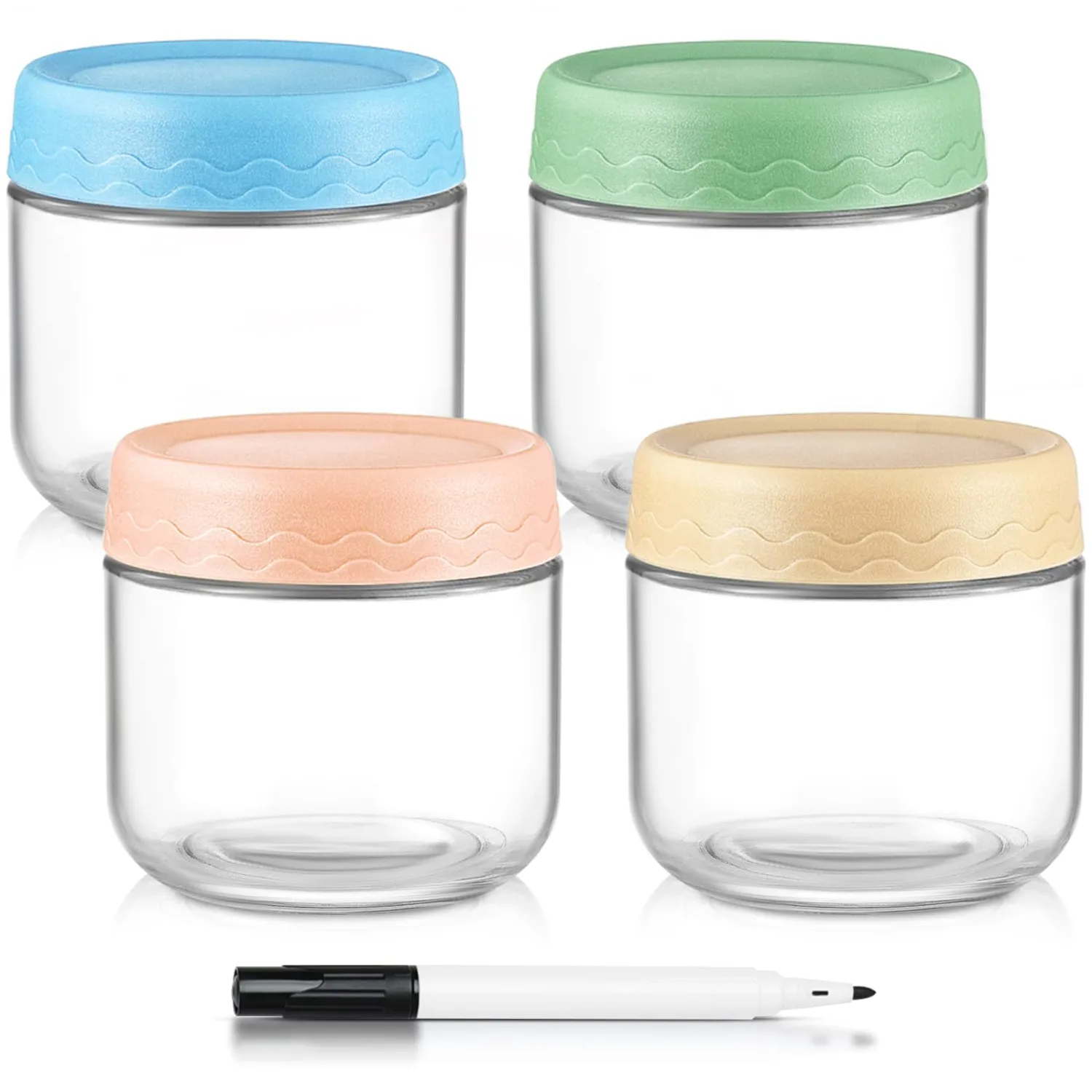 DRKIO 10 Oz Overnight Oats Containers with Lids - 4 Pack Glass Storage Jars with Airtight Lids Wide Mouth Mason Food Jars Great for Meal Prep Salad Chia Pudding Snacks Yogurt Sugar Spice Cereal