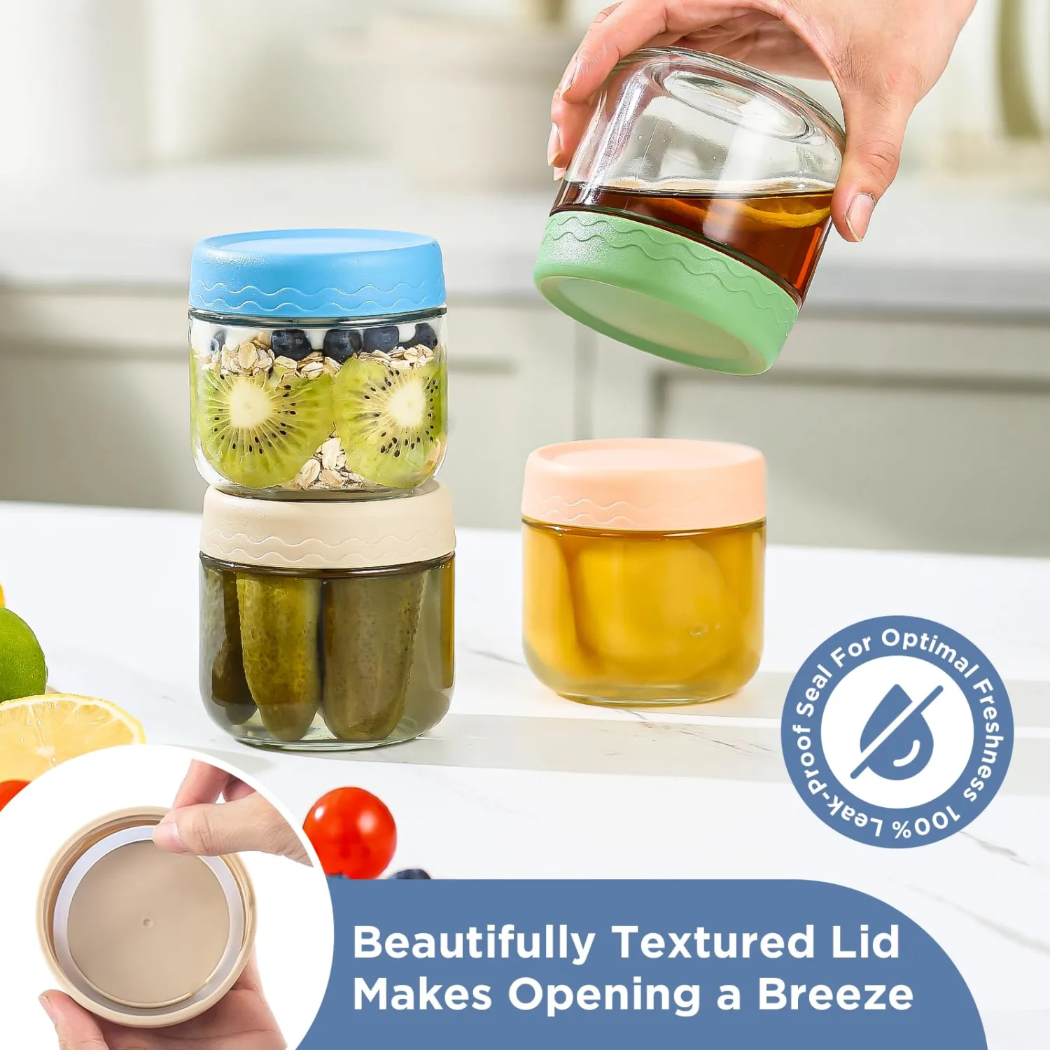 DRKIO 10 Oz Overnight Oats Containers with Lids - 4 Pack Glass Storage Jars with Airtight Lids Wide Mouth Mason Food Jars Great for Meal Prep Salad Chia Pudding Snacks Yogurt Sugar Spice Cereal