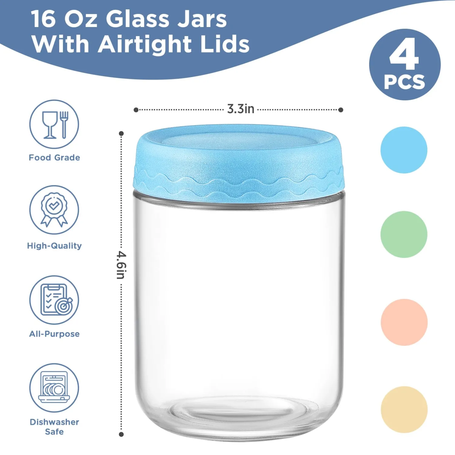 DRKIO 16 Oz Overnight Oats Containers with Lids - 4 Pack Glass Storage Jars with Airtight Lids Wide Mouth Mason Food Jars Great for Meal Prep Salad Chia Pudding Snacks Yogurt Sugar Spice Cereal