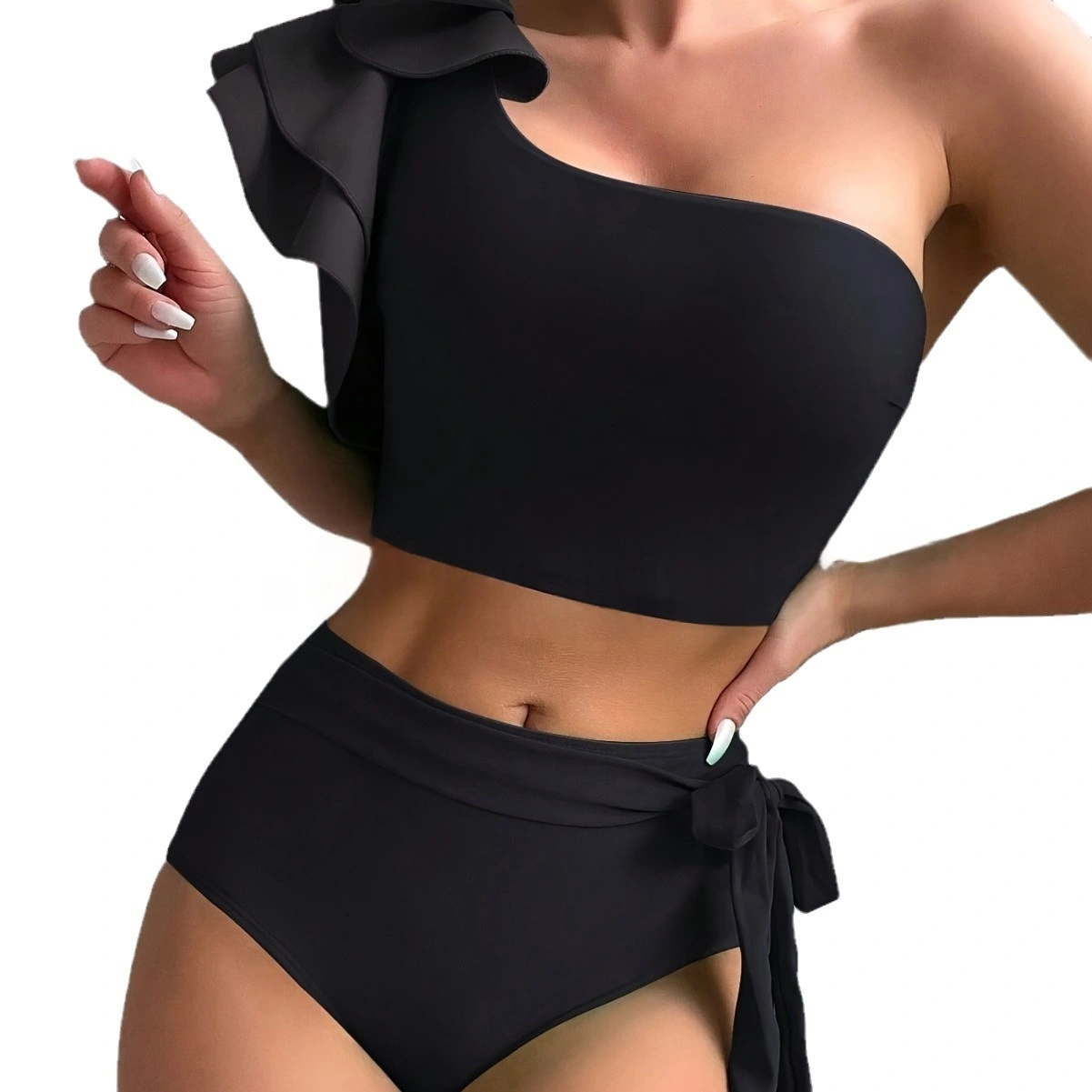 Solid-color Off-shoulder High-waist Set