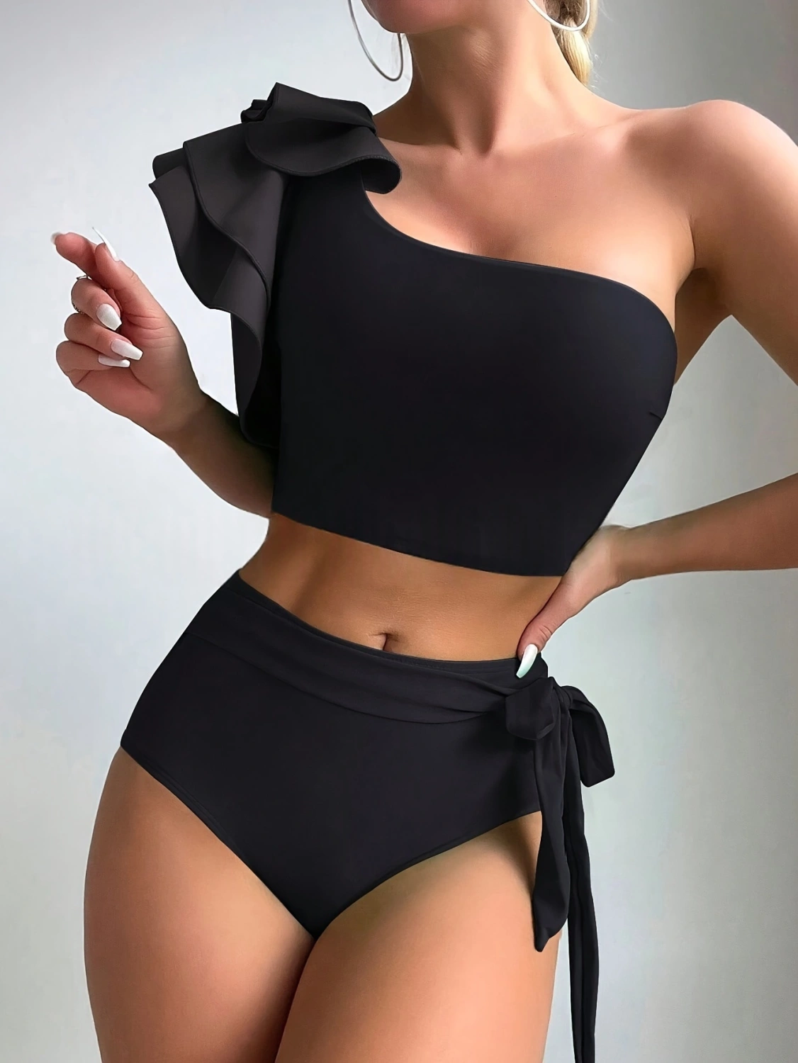 Solid-color Off-shoulder High-waist Set