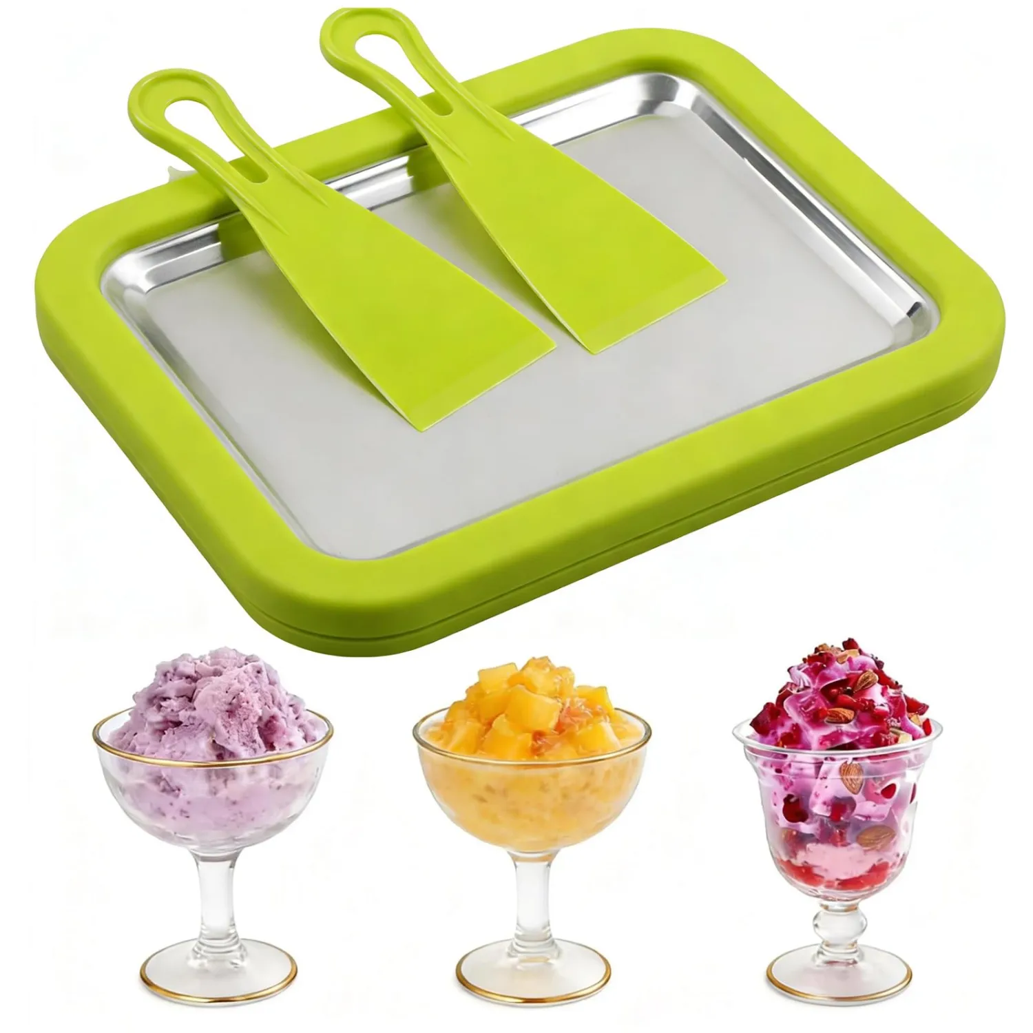 Rolled Ice Cream Maker, New Homemade Ice Cream Roller Maker, Instant Ice Cream Maker, DIY Fun Family Activity Rolled Ice Cream Tray for Yogurt, Sorbetand and Gelatod with 2 Scrapers(Green)