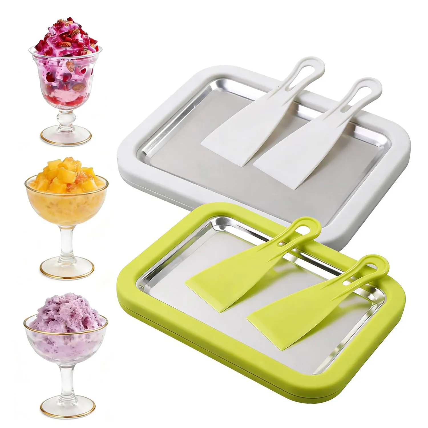 Rolled Ice Cream Maker, New At-Home Ice Cream Roller Maker, DIY Fun Family Activity Instant Ice Cream Tray with Instant Freeze Tray and 2 Scrapers(White+Green)