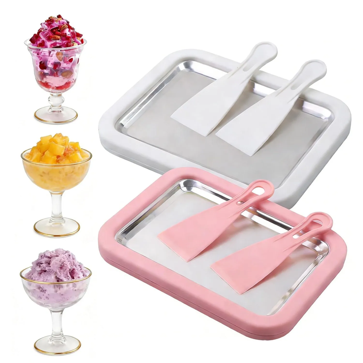 Rolled Ice Cream Maker, New At-Home Ice Cream Roller Maker, DIY Fun Family Activity Instant Ice Cream Tray with Instant Freeze Tray and 2 Scrapers(White+Pink)