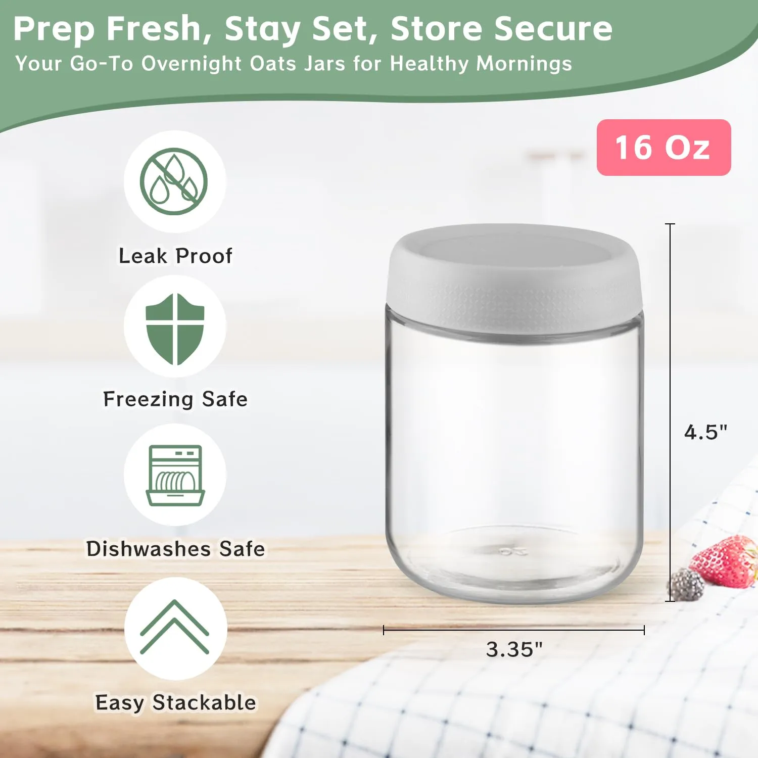 2 Pack Glass Overnight Oats Containers with Lids,Stackable Wide Mouth Mason Glass Jars with Airtight Seal Lids,Food Storage Jars for Meal Prep,Yogurt Parfaits,Meal Prep,Pudding,Spices (16 Oz)