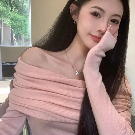 Off-shoulder Clavicle-knitted Sweater For Women