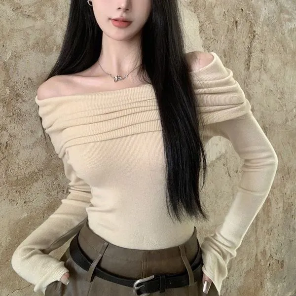Off-shoulder Clavicle-knitted Sweater For Women