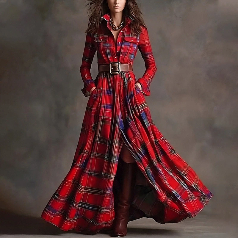 Elegant Commuter Printed Lapel Slim-Fit Dress