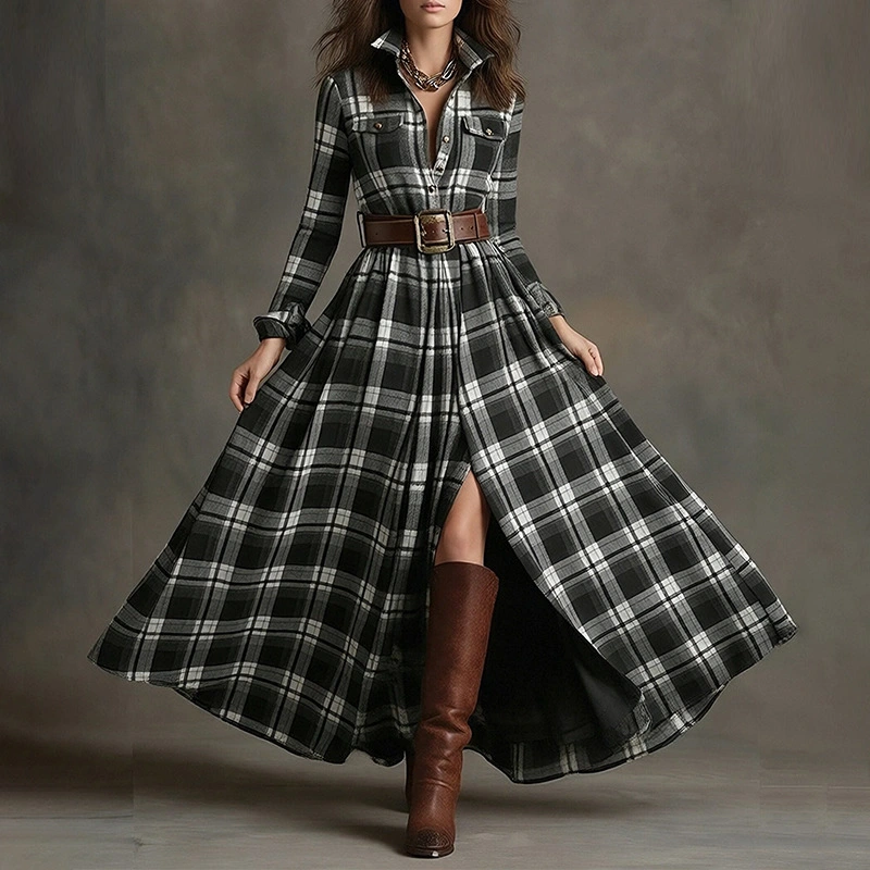 Elegant Commuter Printed Lapel Slim-Fit Dress