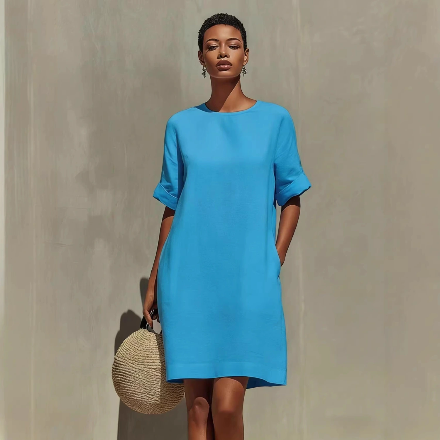 Round-neck Dress With Rolled-up Cuffs