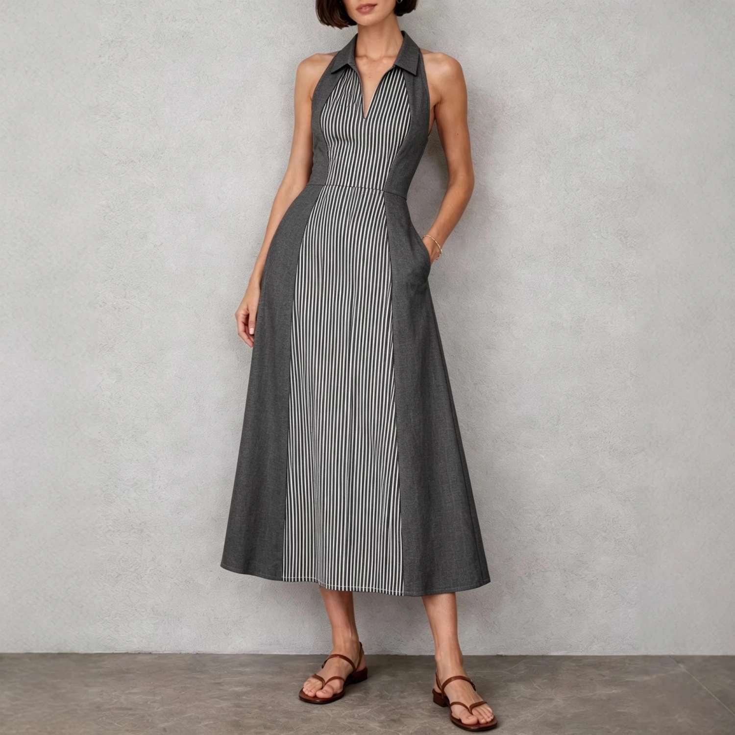 Womens Shirts Collar Defined Waistline Striped Long Swing Dress