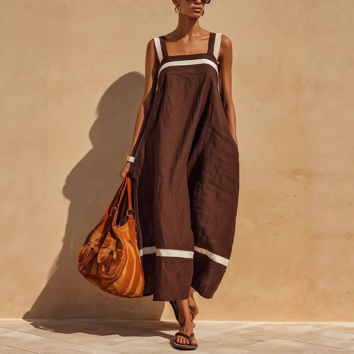 Strap Contrast-Color Womens Casual Loose Dress