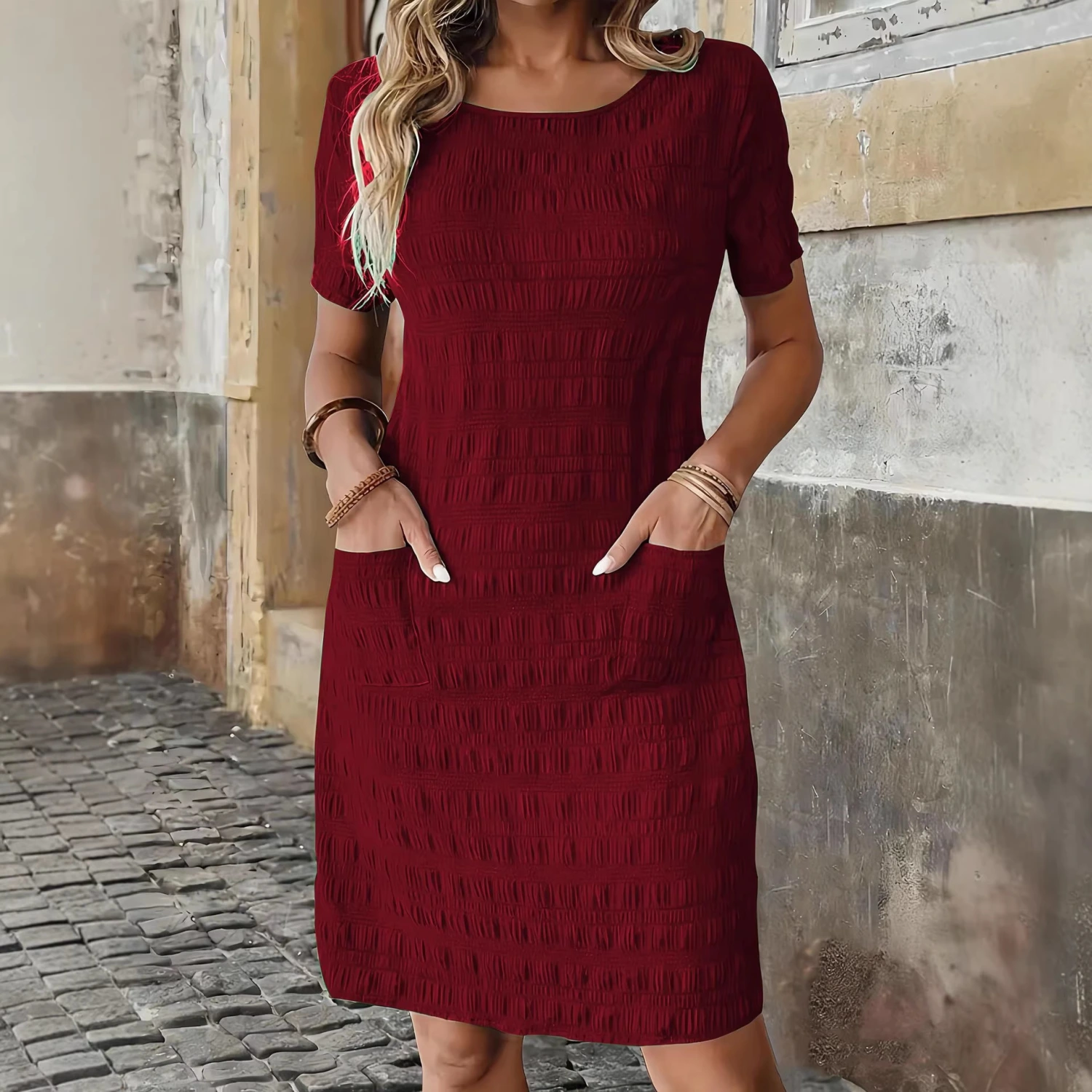 Solid-color Crewneck Woven Non-stretch Womens Dress
