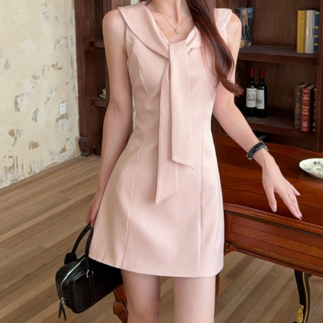 Womens Solid-Colored Versatile French Girly Style Tank Dress