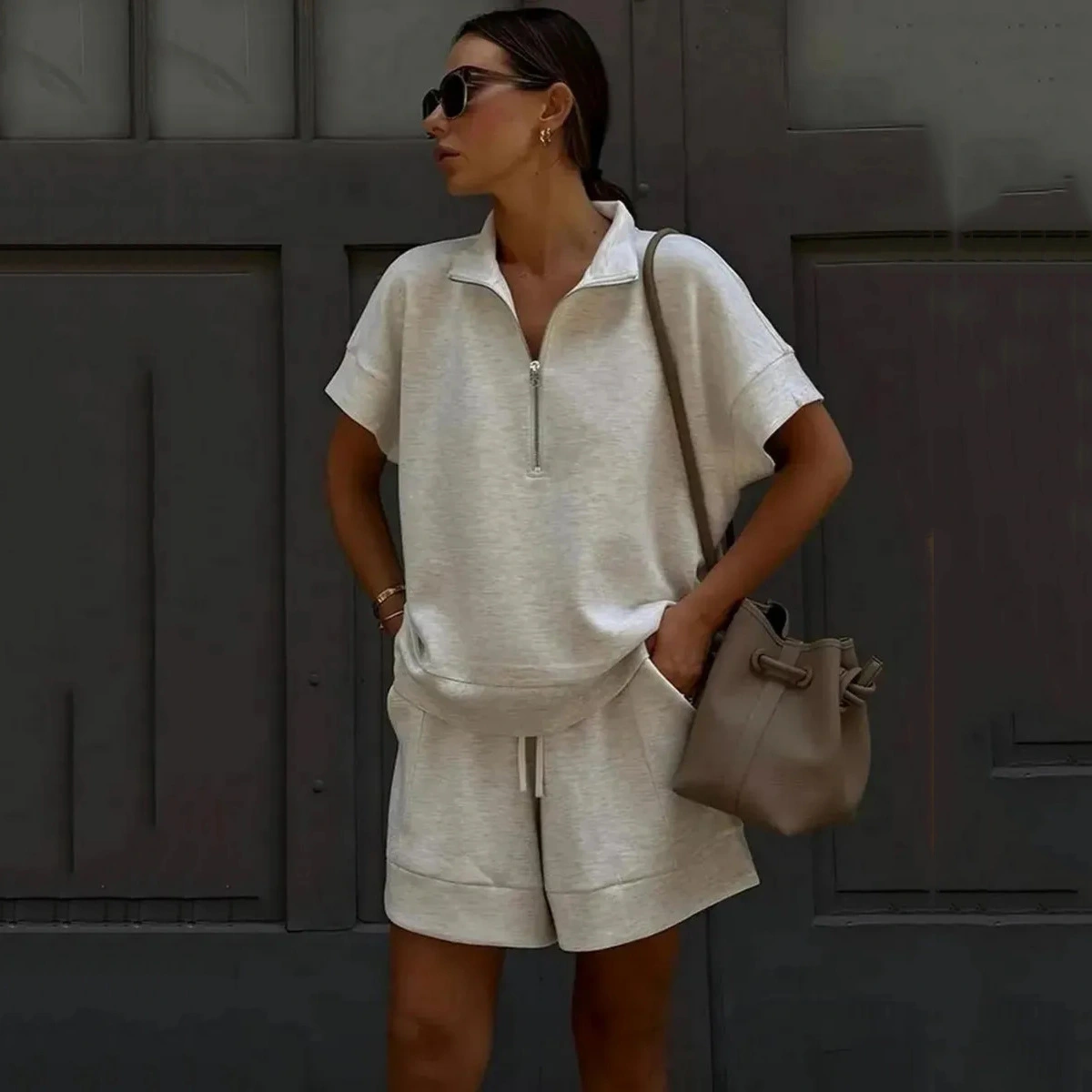 Solid-color Fashion Casual Short Two-piece Sweatshirt Set