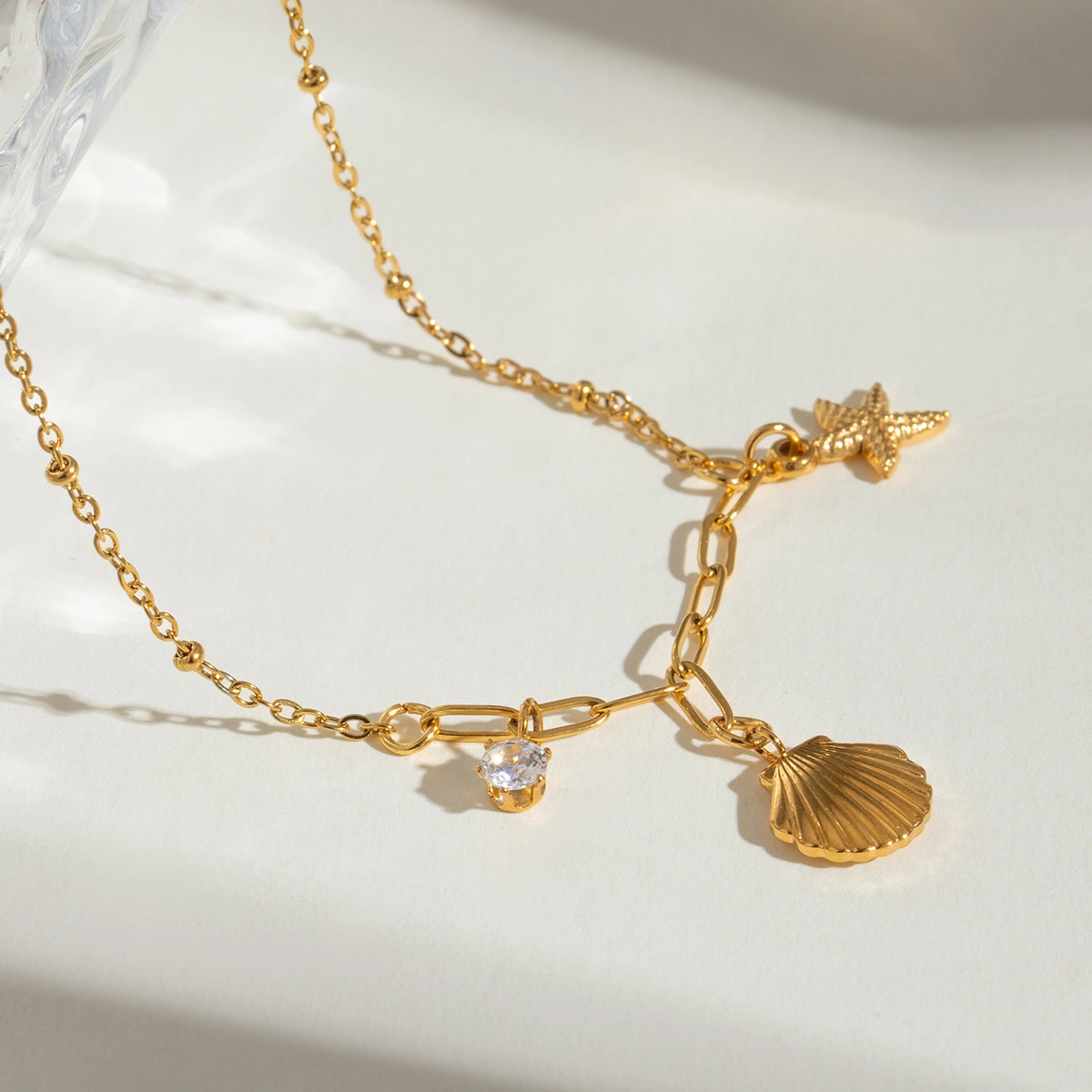 18K Gold Stainless Steel White Zircon Hammered Starfish Pendant Necklace