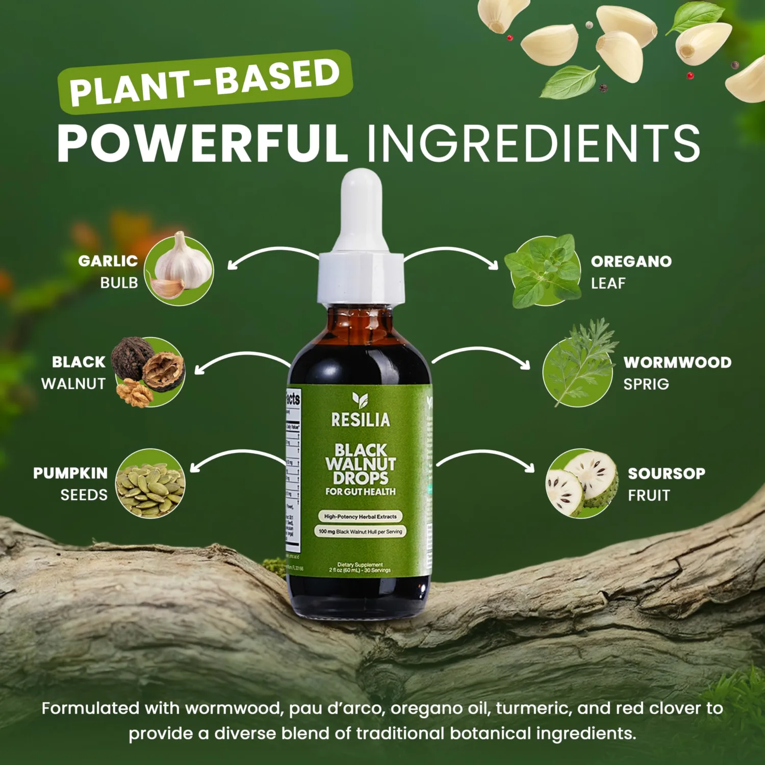Resilia Herbal Cleanse Liquid Drops – Black Walnut & Wormwood Extract with Pumpkin Seed, Garlic & Turmeric – Alcohol-Free Vegan Tincture for Digestive & Daily Wellness Support, 2 fl oz