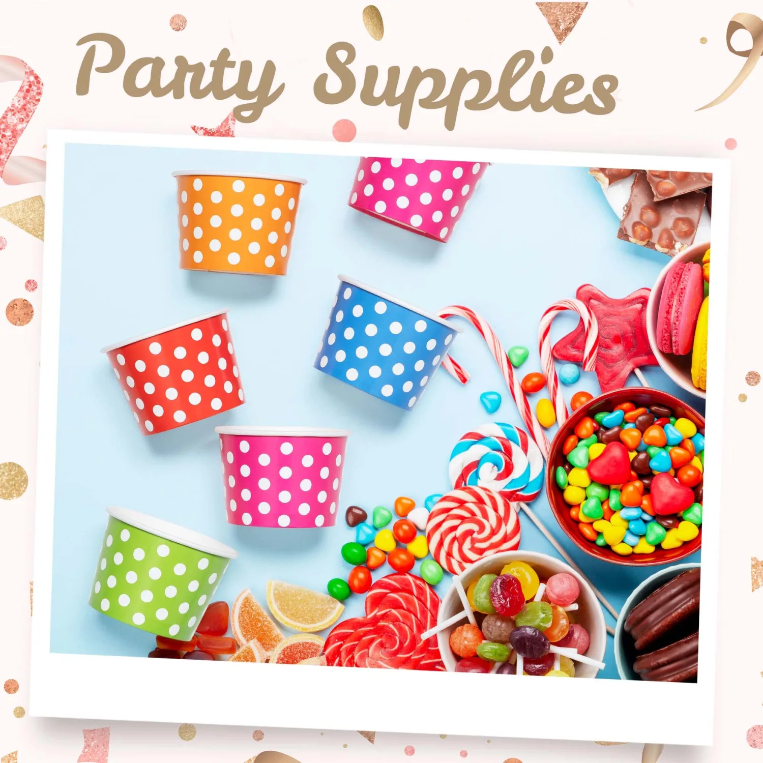MATICAN Paper Ice Cream Cups - 100-Count 4-Oz Disposable Dessert Bowls for Hot or Cold Food, 4-Ounce Party Supplies Treat Cups for Sundae, Frozen Yogurt, Soup, 5 Colors, Polka Dots