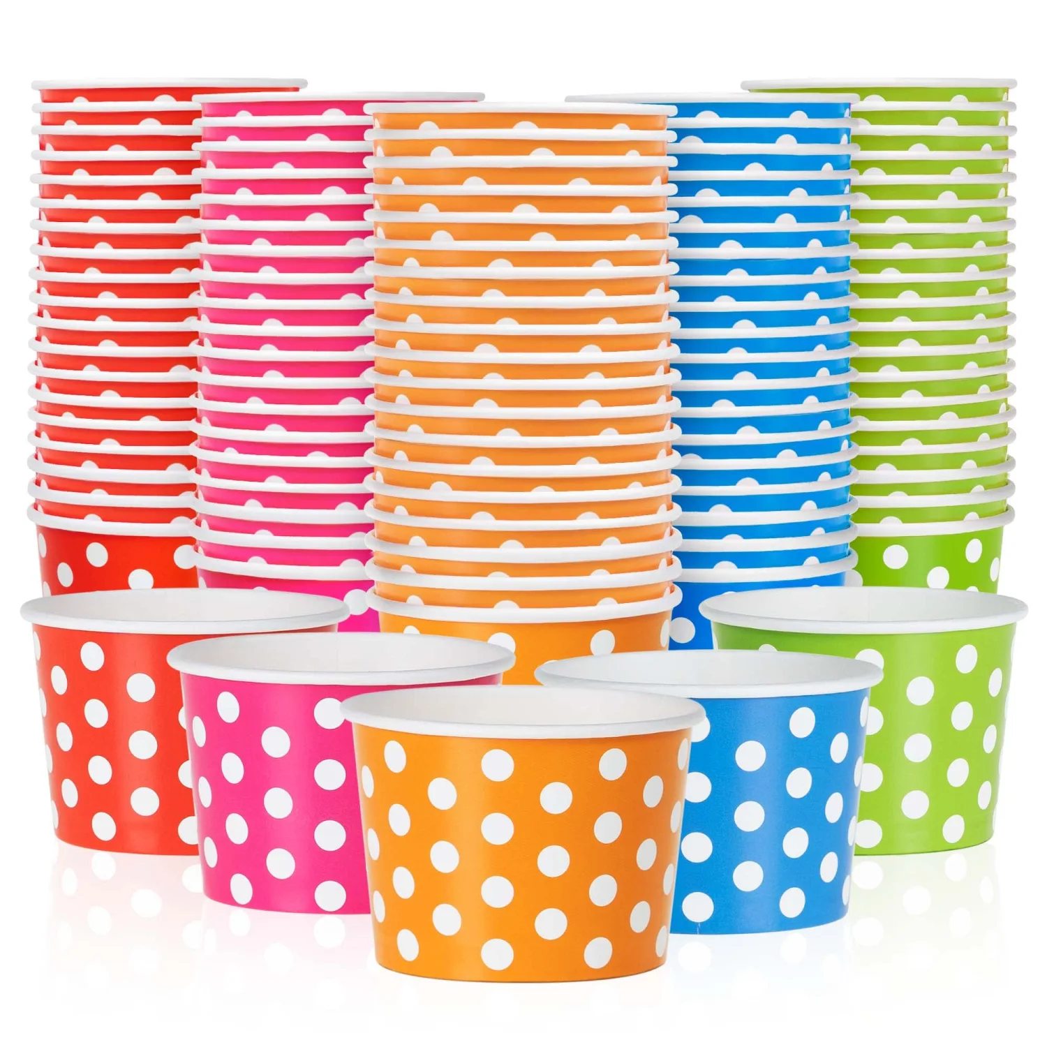 MATICAN Paper Ice Cream Cups - 100-Count 4-Oz Disposable Dessert Bowls for Hot or Cold Food, 4-Ounce Party Supplies Treat Cups for Sundae, Frozen Yogurt, Soup, 5 Colors, Polka Dots