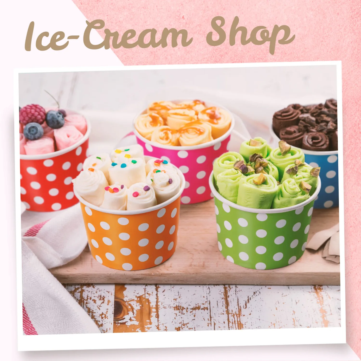 MATICAN Paper Ice Cream Cups - 50-Count 9-Oz Disposable Dessert Bowls for Hot or Cold Food, 9-Ounce Party Supplies Treat Cups for Sundae, Frozen Yogurt, Soup, 5 Colors, Polka Dots