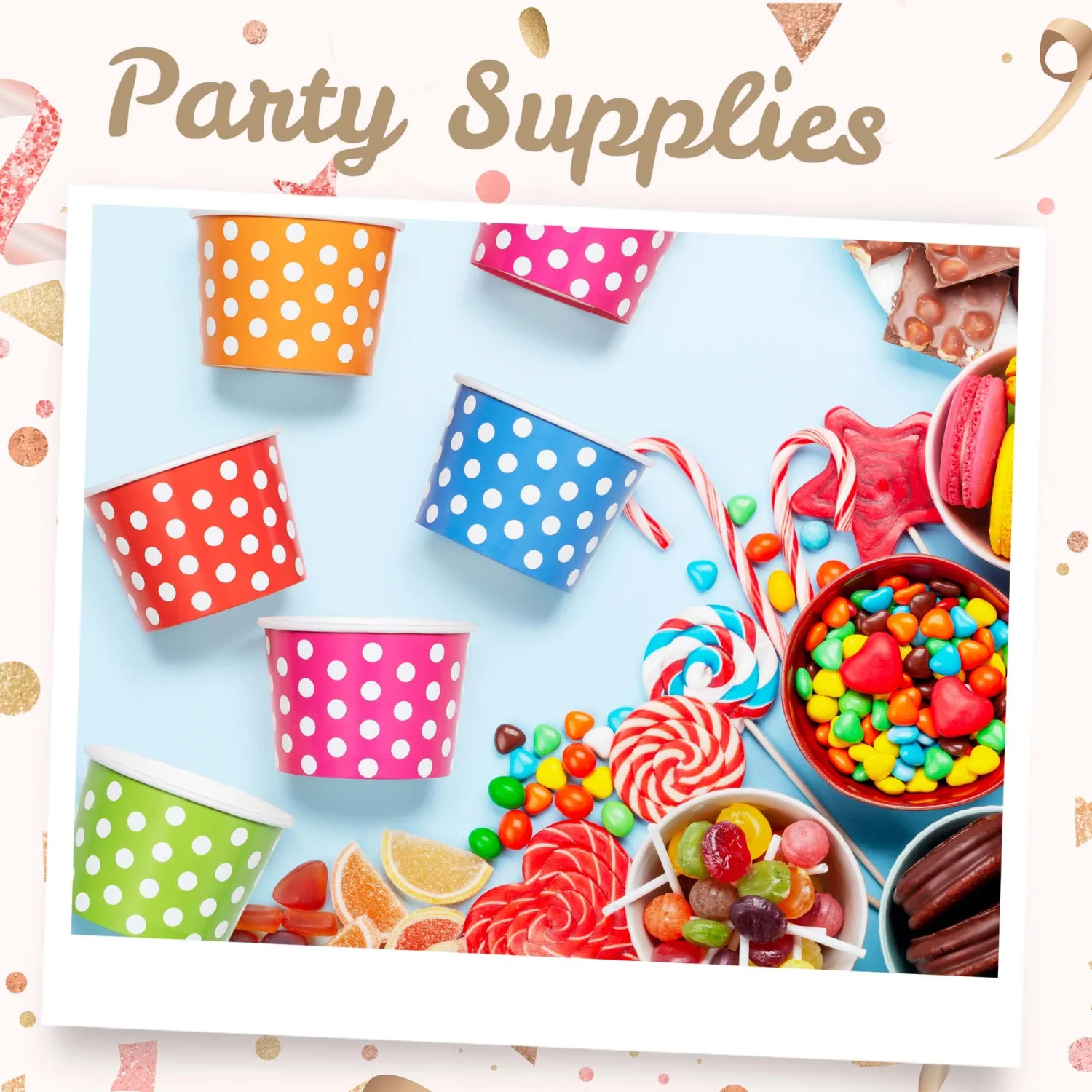 MATICAN Paper Ice Cream Cups - 100-Count 9-Oz Disposable Dessert Bowls for Hot or Cold Food, 9-Ounce Party Supplies Treat Cups for Sundae, Frozen Yogurt, Soup, 5 Colors, Polka Dots