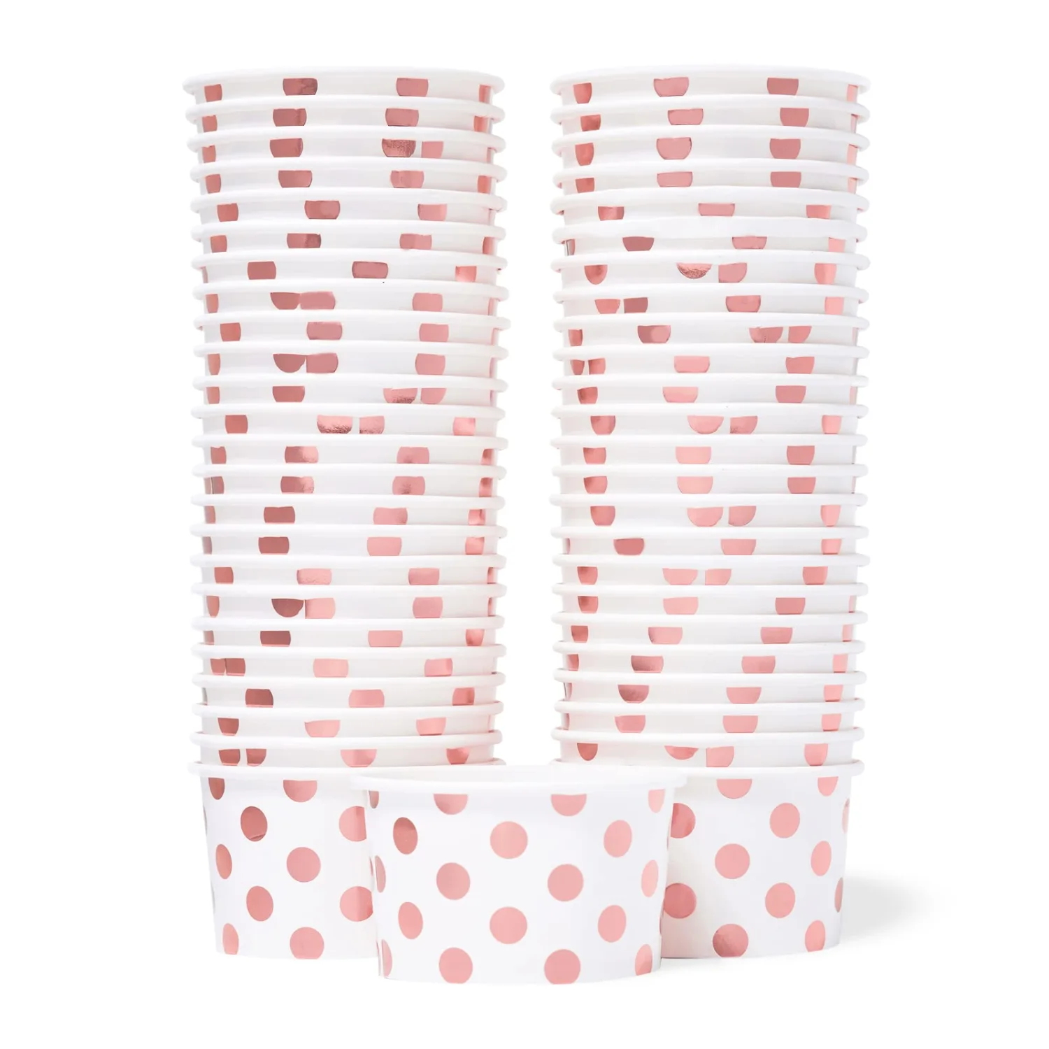 MATICAN Paper Ice Cream Cups - 50-Count 5.5-Oz Disposable Dessert Bowls for Hot or Cold Food, 5.5-Ounce Party Supplies Treat Cups for Sundae, Frozen Yogurt, Soup, Rose Gold Foil Polka Dots