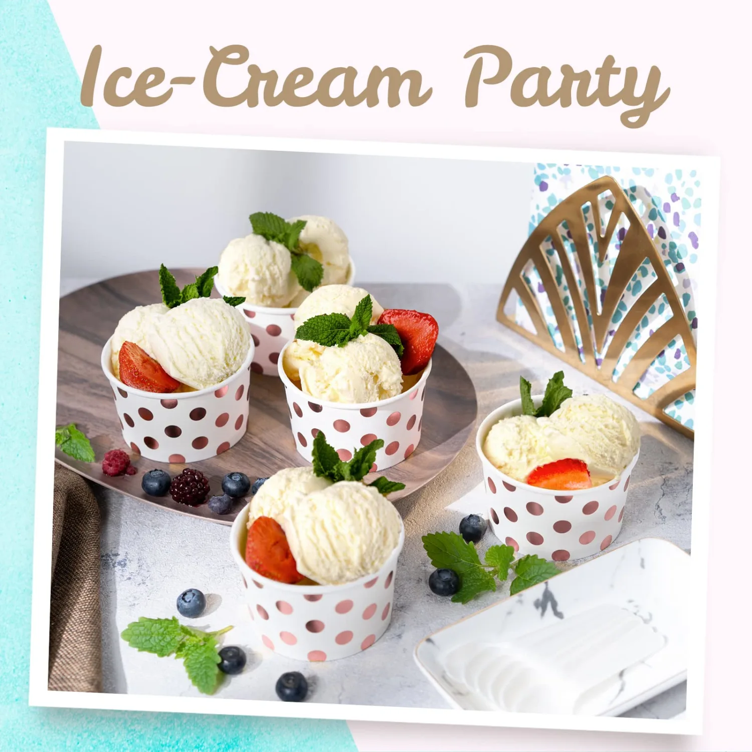 MATICAN Paper Ice Cream Cups - 50-Count 5.5-Oz Disposable Dessert Bowls for Hot or Cold Food, 5.5-Ounce Party Supplies Treat Cups for Sundae, Frozen Yogurt, Soup, Rose Gold Foil Polka Dots