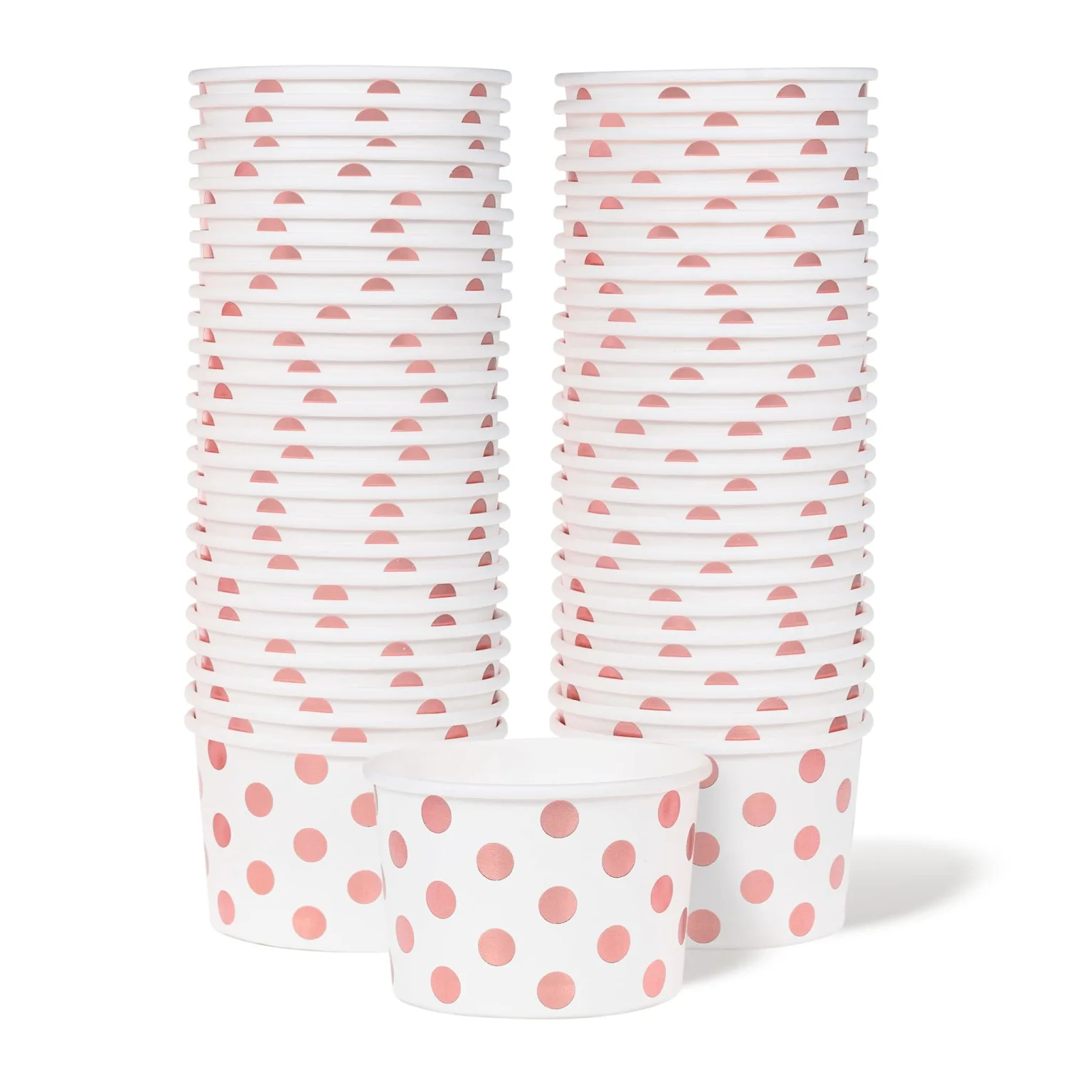 MATICAN Paper Ice Cream Cups, 50-Pack 9-oz Disposable Dessert Bowls for Hot and Cold, 9-ounce, Rose Gold Foil Polka Dots