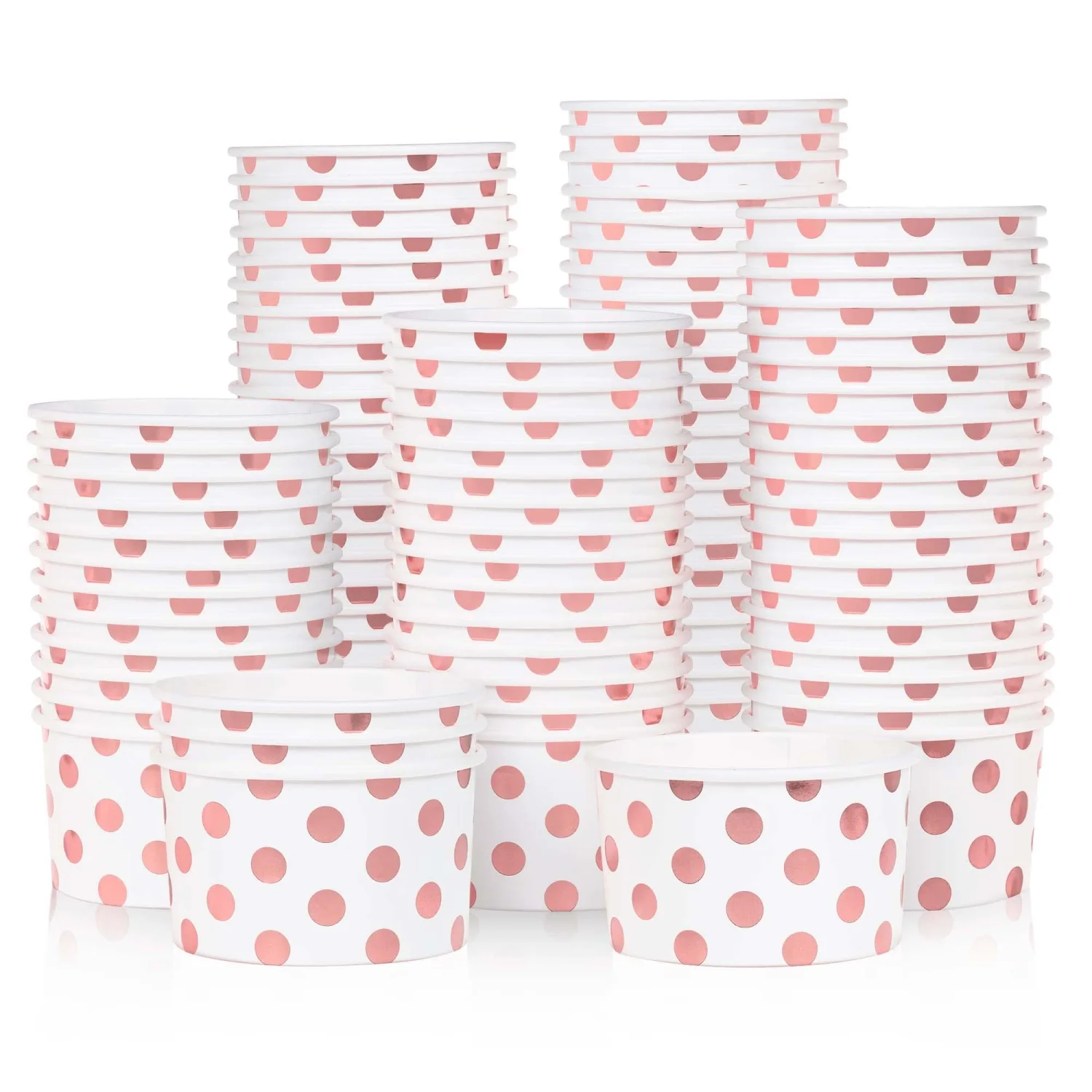 MATICAN Paper Ice Cream Cups - 100-Count 5.5-Oz Disposable Dessert Bowls for Hot or Cold Food, 5.5-Ounce Party Supplies Treat Cups for Sundae, Frozen Yogurt, Soup, Rose Gold Foil Polka Dots