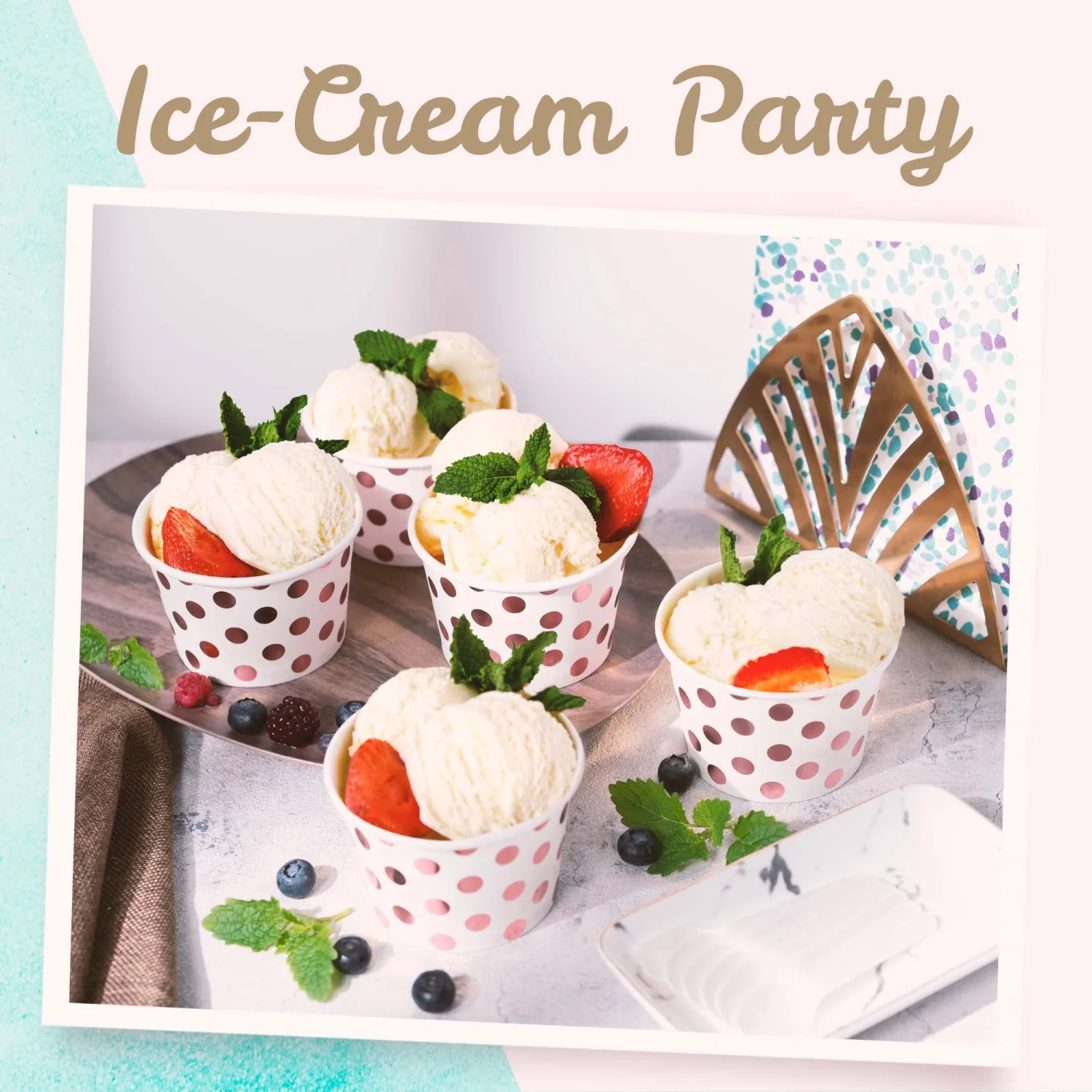 MATICAN Paper Ice Cream Cups, 100-Pack 9-oz Disposable Dessert Bowls for Hot and Cold, 9-ounce, Rose Gold Foil Polka Dots