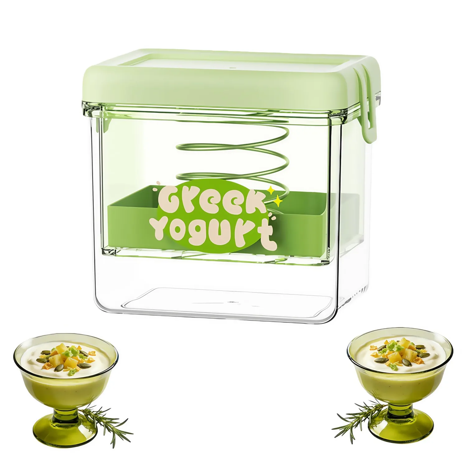 Greek Yogurt Strainer with Spring, Yogurt Strainer 1.1 Quart BPA-Free Yogurt Maker, Non-Electric Yogurt Filter for Separating Whey, Creamy Cheese-Like Thick Yogurt, Easy to Clean(Green Square)