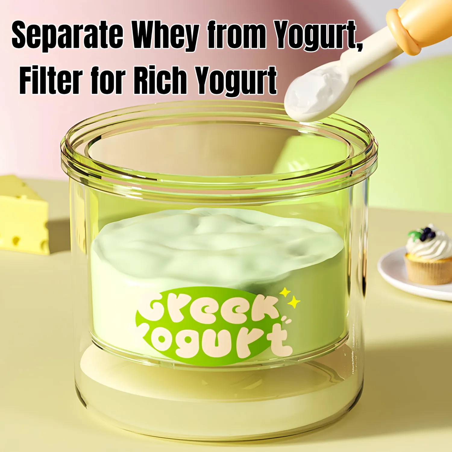 Greek Yogurt Strainer with Spring, Yogurt Strainer 1.1 Quart BPA-Free Maker, Non-Electric Filter for Separating Whey, Creamy Cheese-Like Thick, Easy to Clean (Green Round)