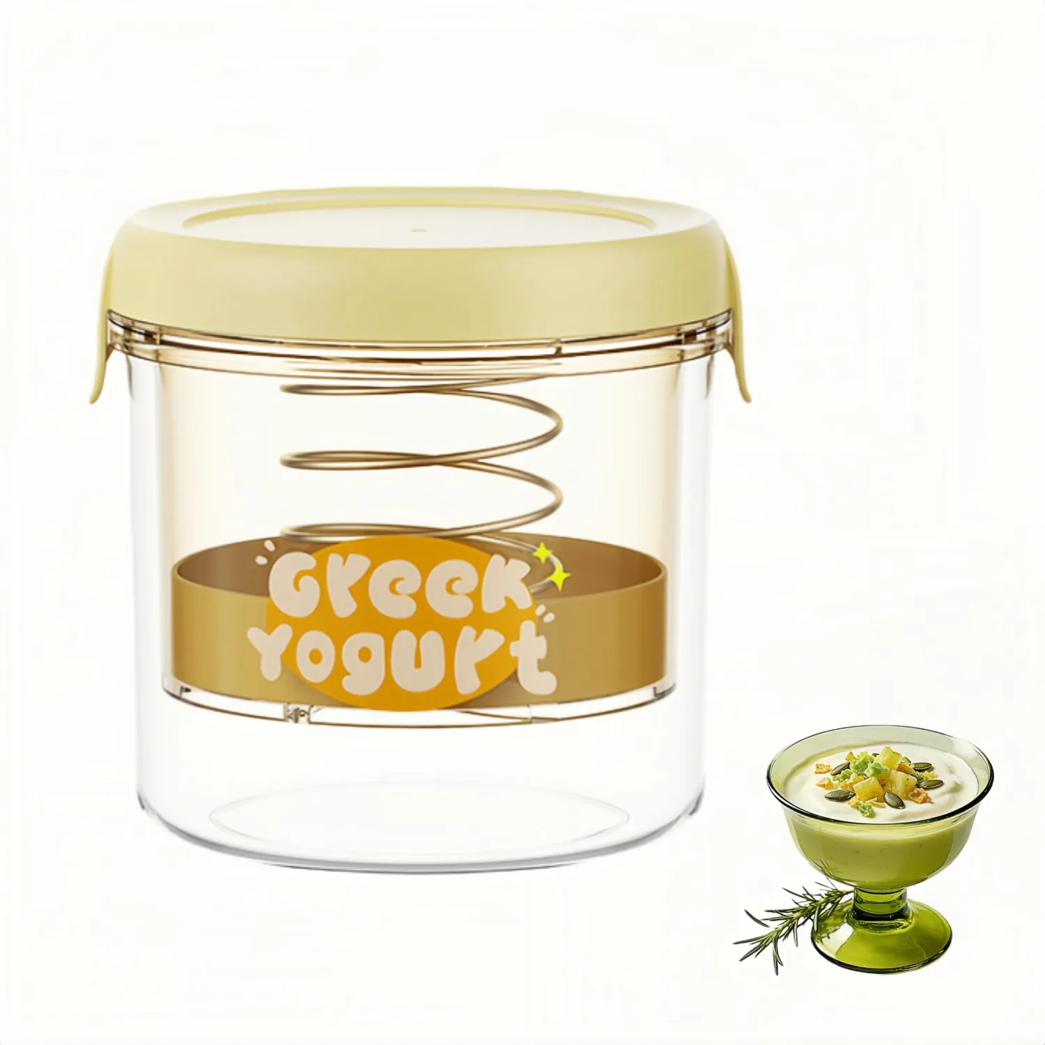 Greek Yogurt Strainer with Spring, Yogurt Strainer 1.1 Quart BPA-Free Yogurt Maker, Non-Electric Yogurt Filter for Separating Whey, Creamy Cheese-Like Thick Yogurt, Easy to Clean (Yelllow Round)